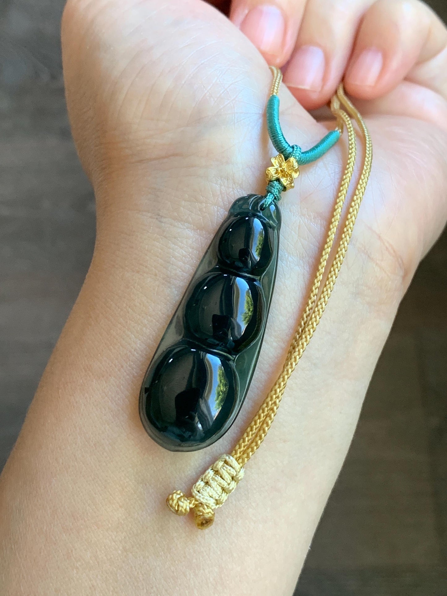 Natural Guatemalan Icy Translucent Dark Teal Blue Jadeite Large Peapod Pendant Rope Necklace 26” Adjustable 8g 天然冰危深蓝翡翠福豆吊坠