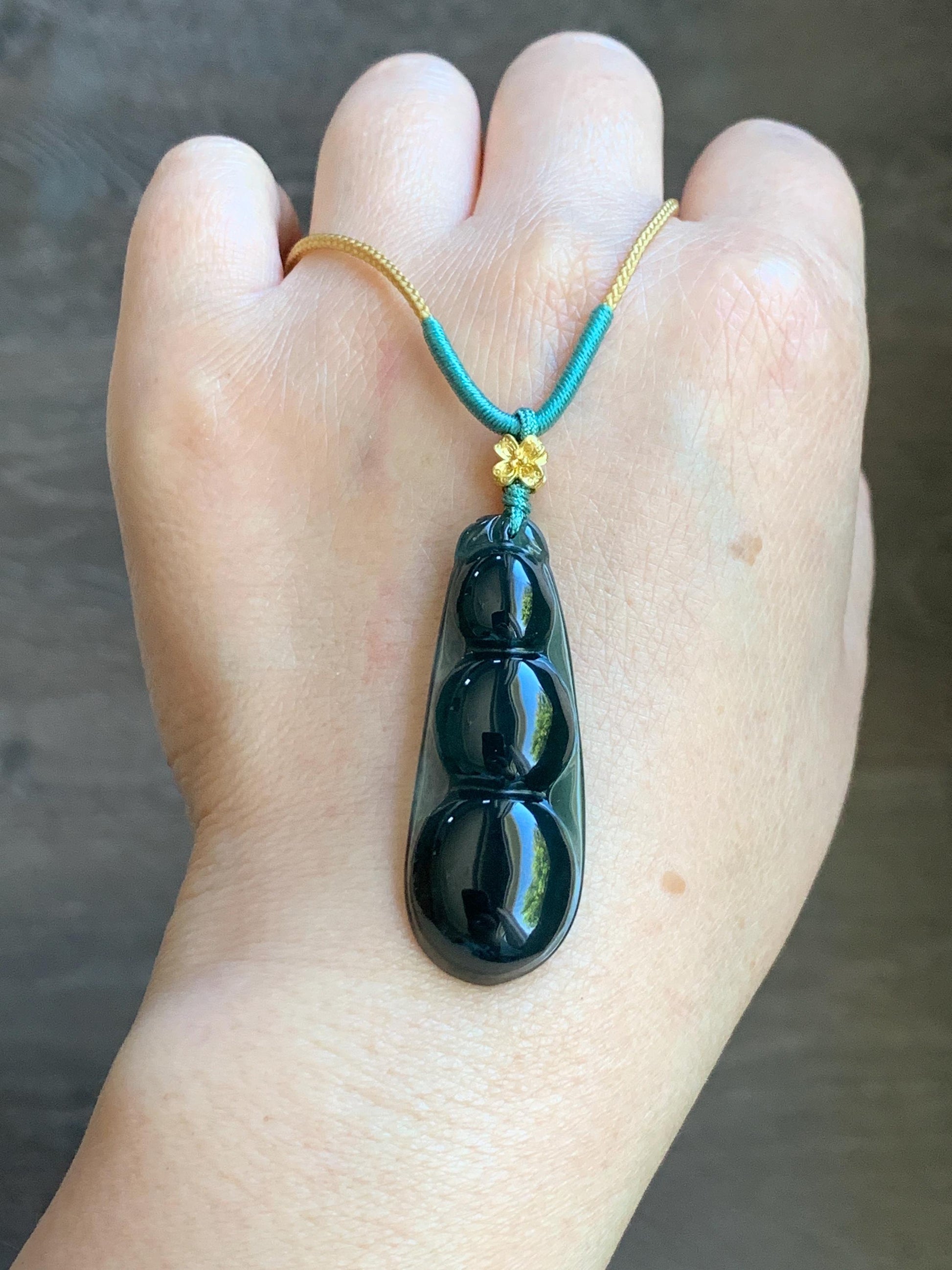 Natural Guatemalan Icy Translucent Dark Teal Blue Jadeite Large Peapod Pendant Rope Necklace 26” Adjustable 8g 天然冰危深蓝翡翠福豆吊坠