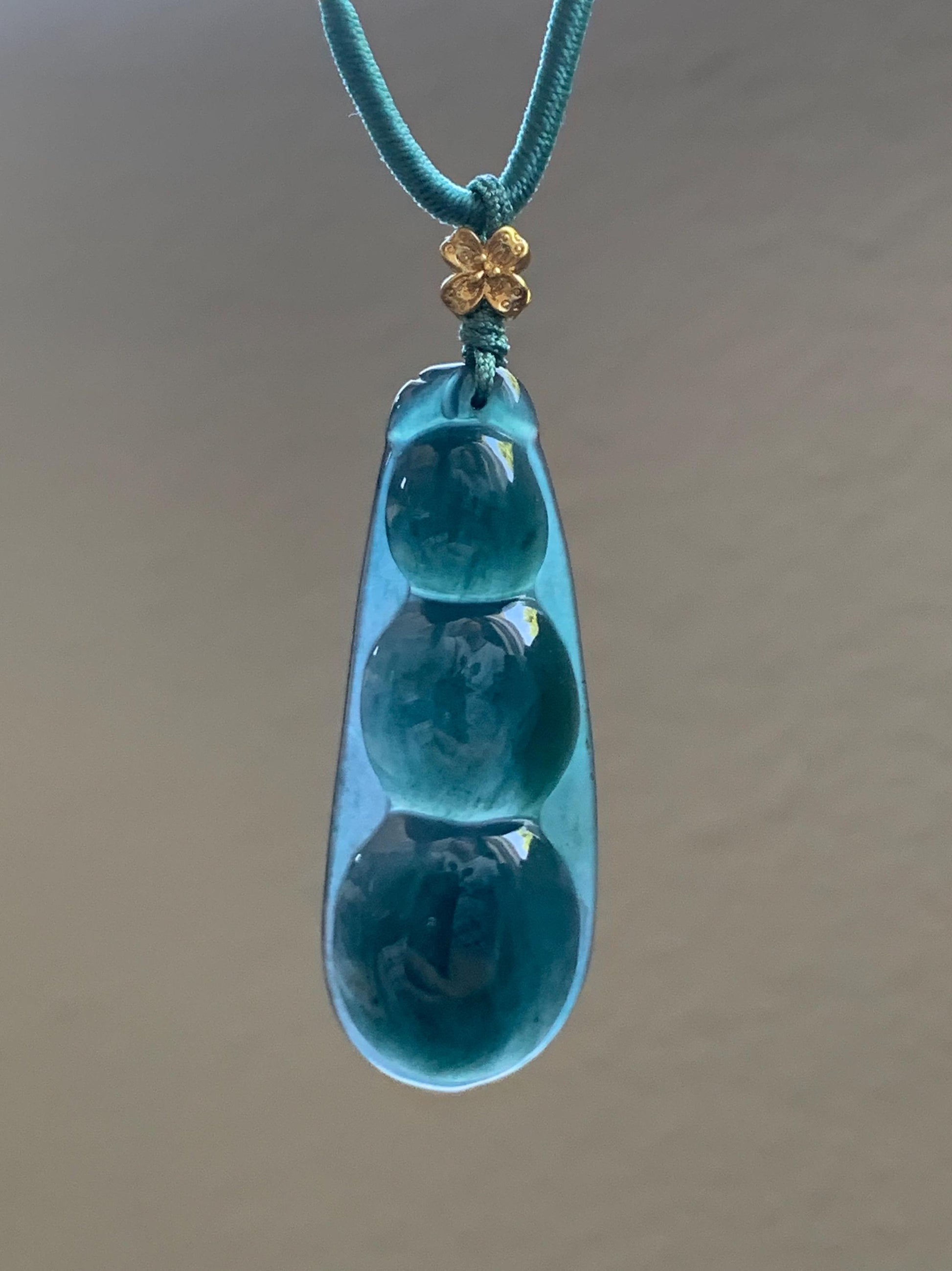 Natural Guatemalan Icy Translucent Dark Teal Blue Jadeite Large Peapod Pendant Rope Necklace 26” Adjustable 8g 天然冰危深蓝翡翠福豆吊坠
