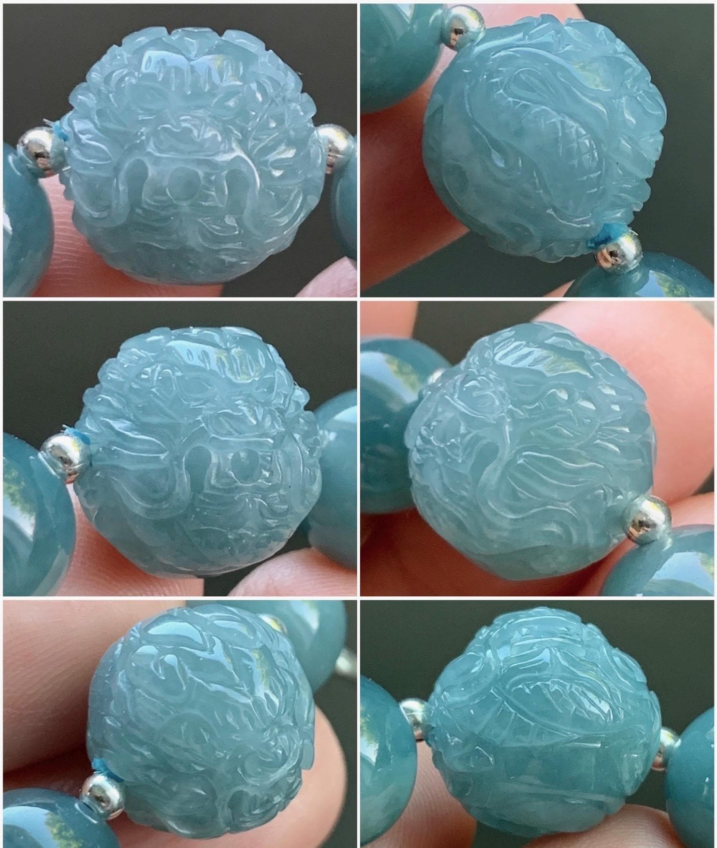 Natural Guatemalan Icy Translucent Dark Dusty Blue Jadeite Dragon Bead Beaded Bracelet Sterling Silver 6.75” 11.2mm 40g 天然冰危暗蓝翡翠龙珠手串 QLZ315S
