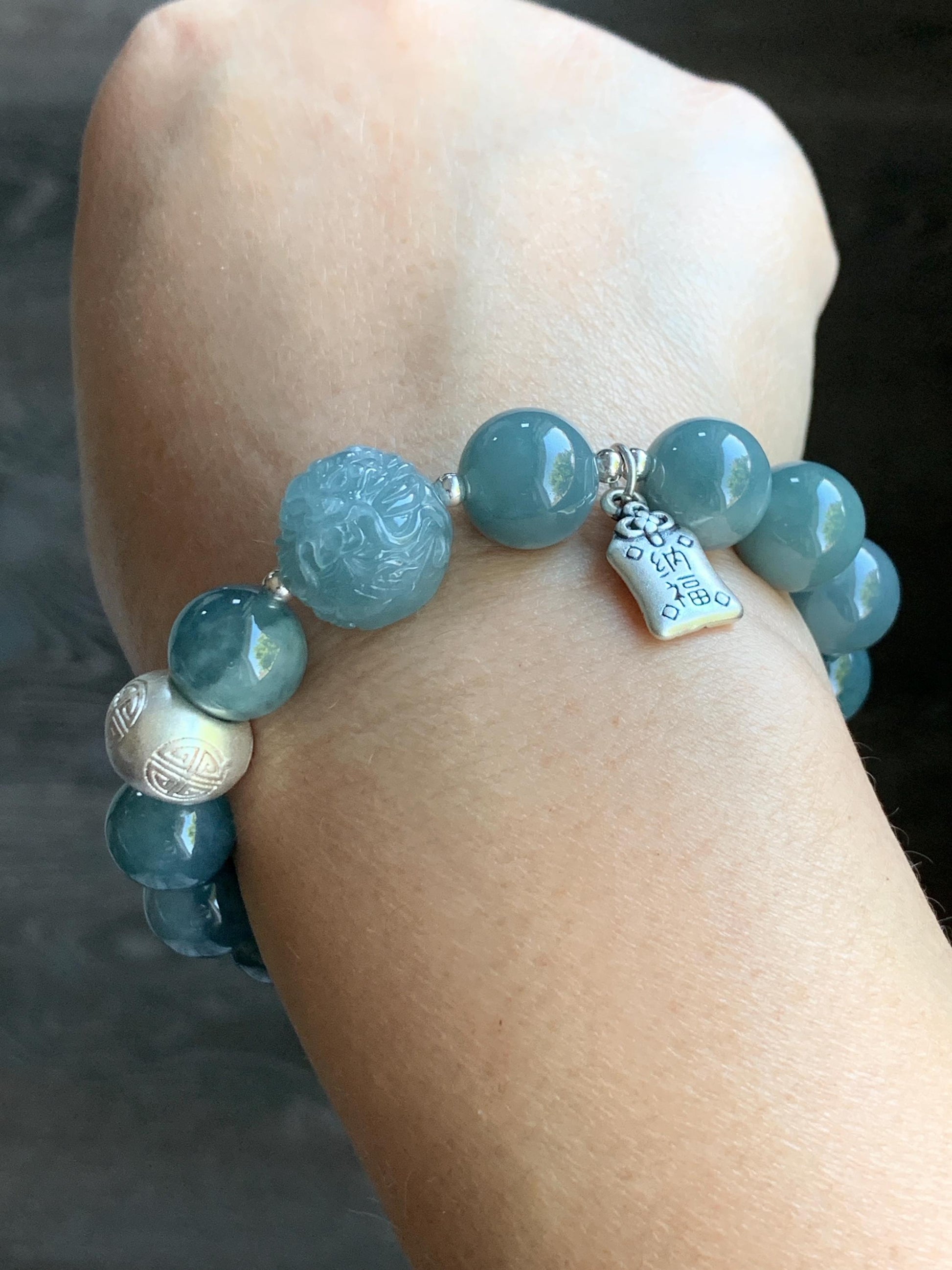 Natural Guatemalan Icy Translucent Dark Dusty Blue Jadeite Dragon Bead Beaded Bracelet Sterling Silver 6.75” 11.2mm 40g 天然冰危暗蓝翡翠龙珠手串 QLZ315S
