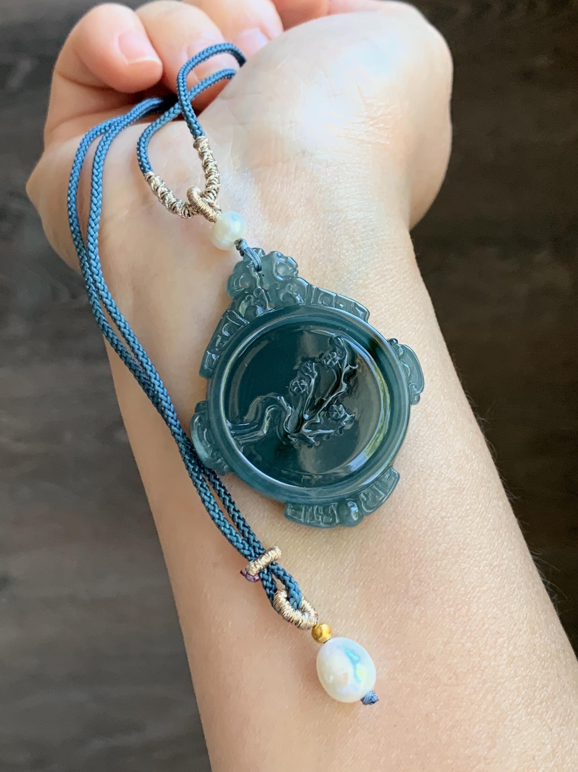 Natural Guatemalan Icy Translucent Dark Teal Blue Jadeite Cherry Blossom & Bamboo Double Sided Pendant Rope Necklace 19g 天然冰危蓝飘绿花翡翠梅花竹节双面雕吊坠