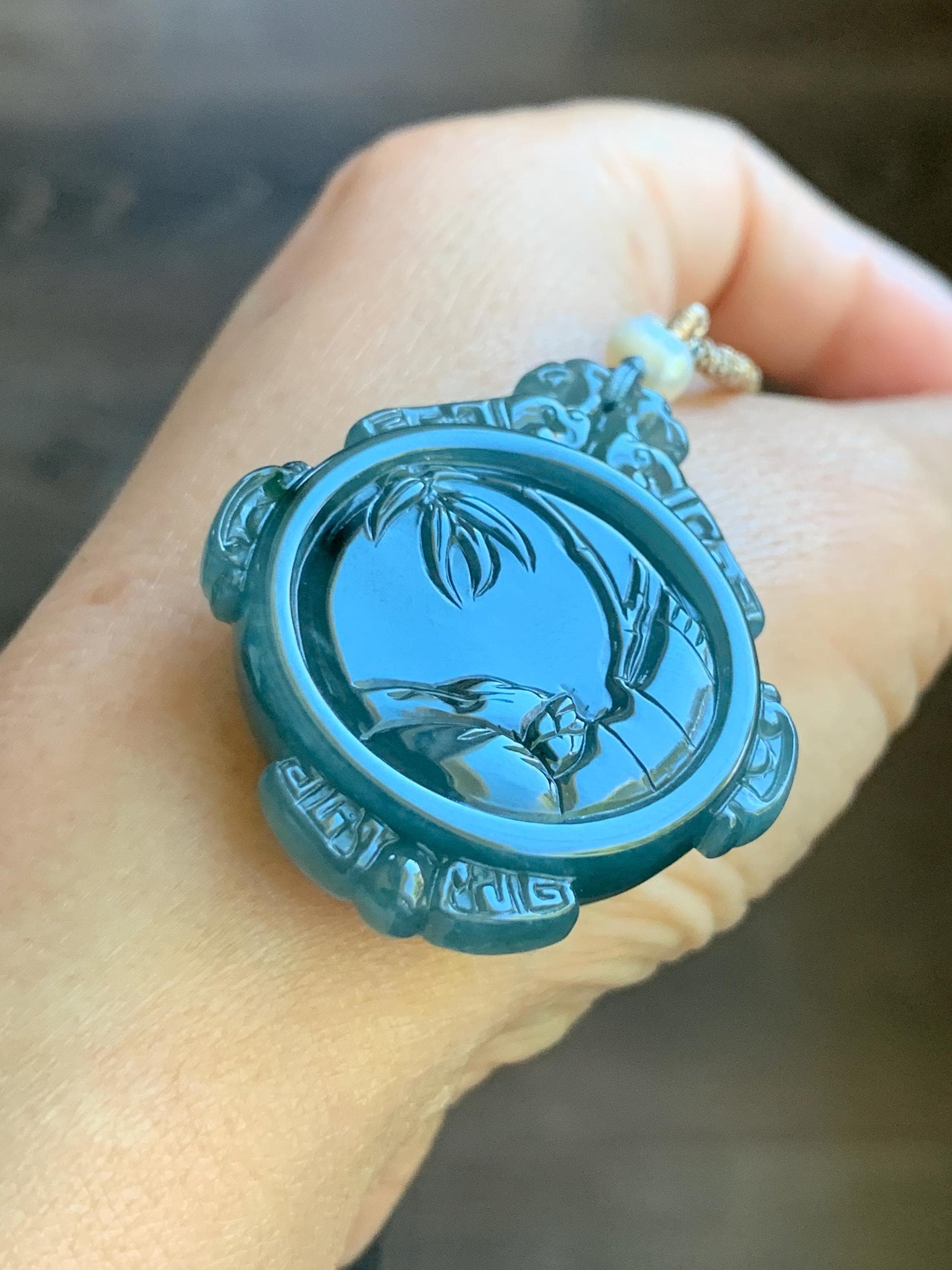Natural Guatemalan Icy Translucent Dark Teal Blue Jadeite Cherry Blossom & Bamboo Double Sided Pendant Rope Necklace 19g 天然冰危蓝飘绿花翡翠梅花竹节双面雕吊坠