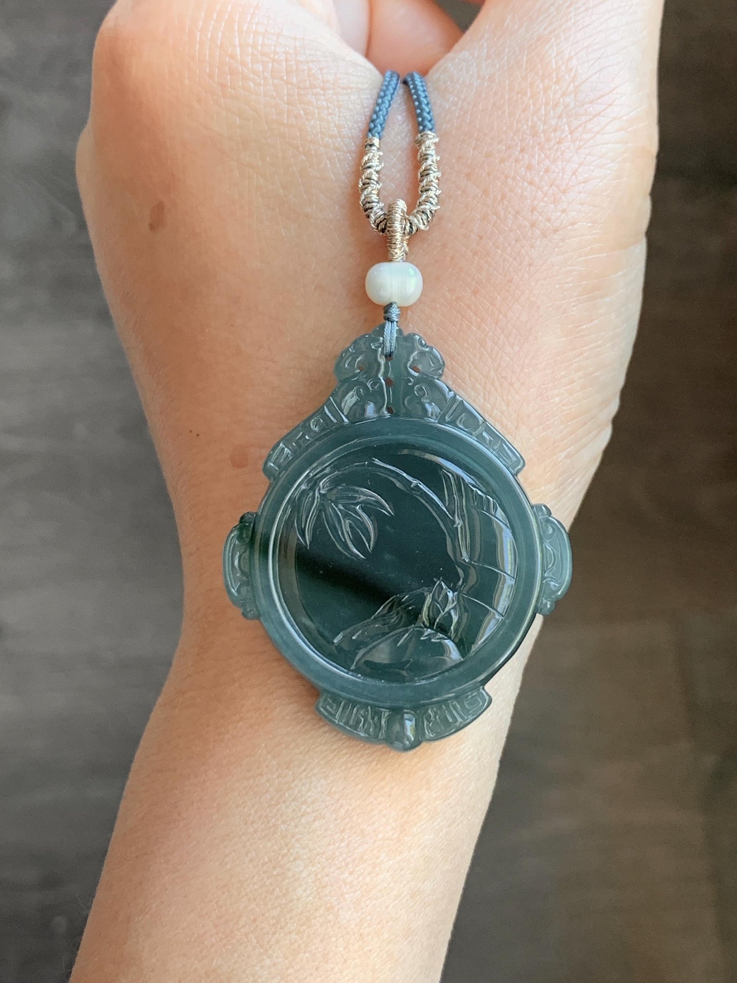 Natural Guatemalan Icy Translucent Dark Teal Blue Jadeite Cherry Blossom & Bamboo Double Sided Pendant Rope Necklace 19g 天然冰危蓝飘绿花翡翠梅花竹节双面雕吊坠