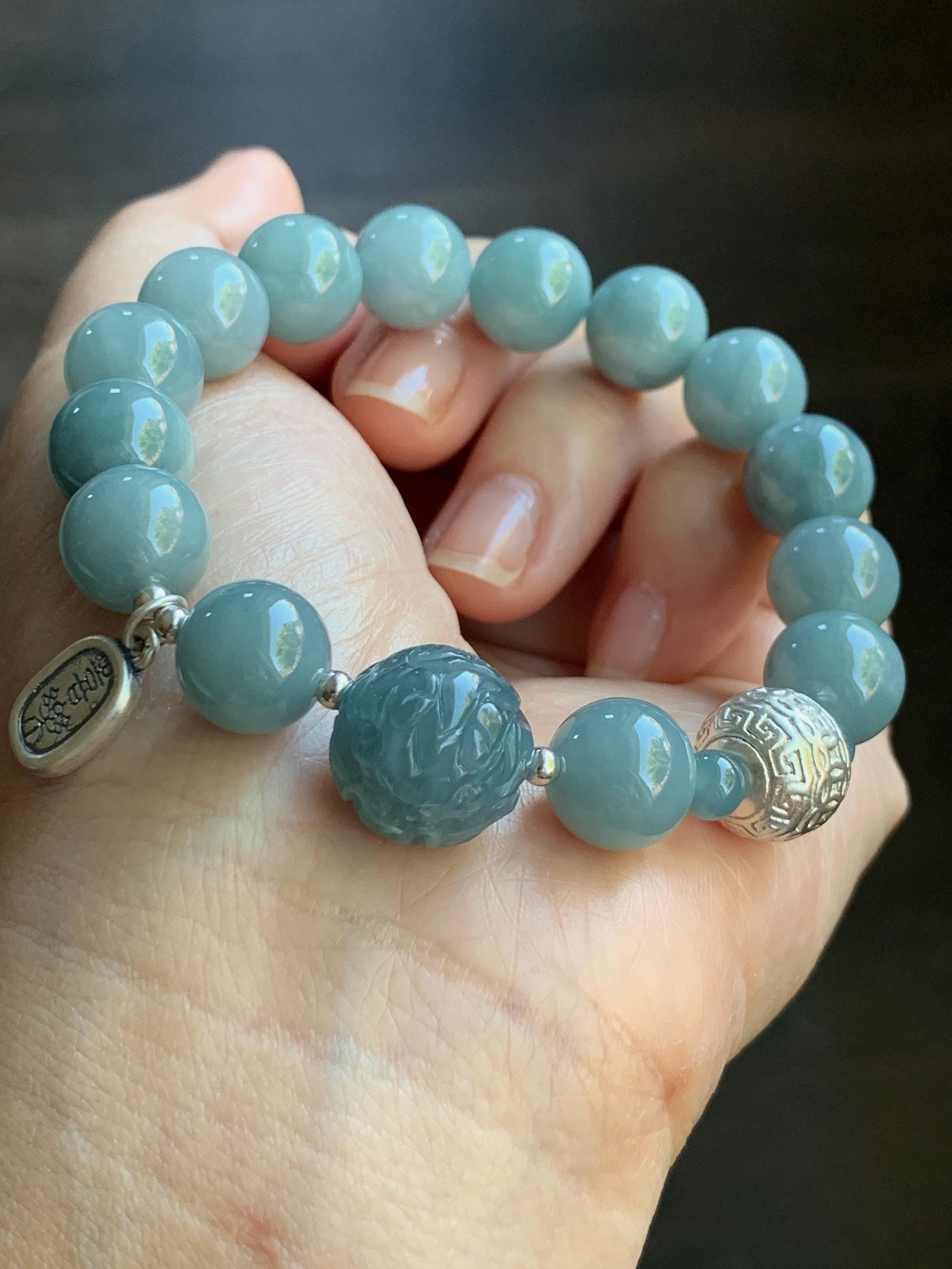 Natural Guatemalan Icy Translucent Light Dusty Blue Jadeite Dragon Bead Beaded Bracelet Sterling Silver 7.25” 11mm 40g 天然冰危浅蓝翡翠龙珠手串 QLZ315Q