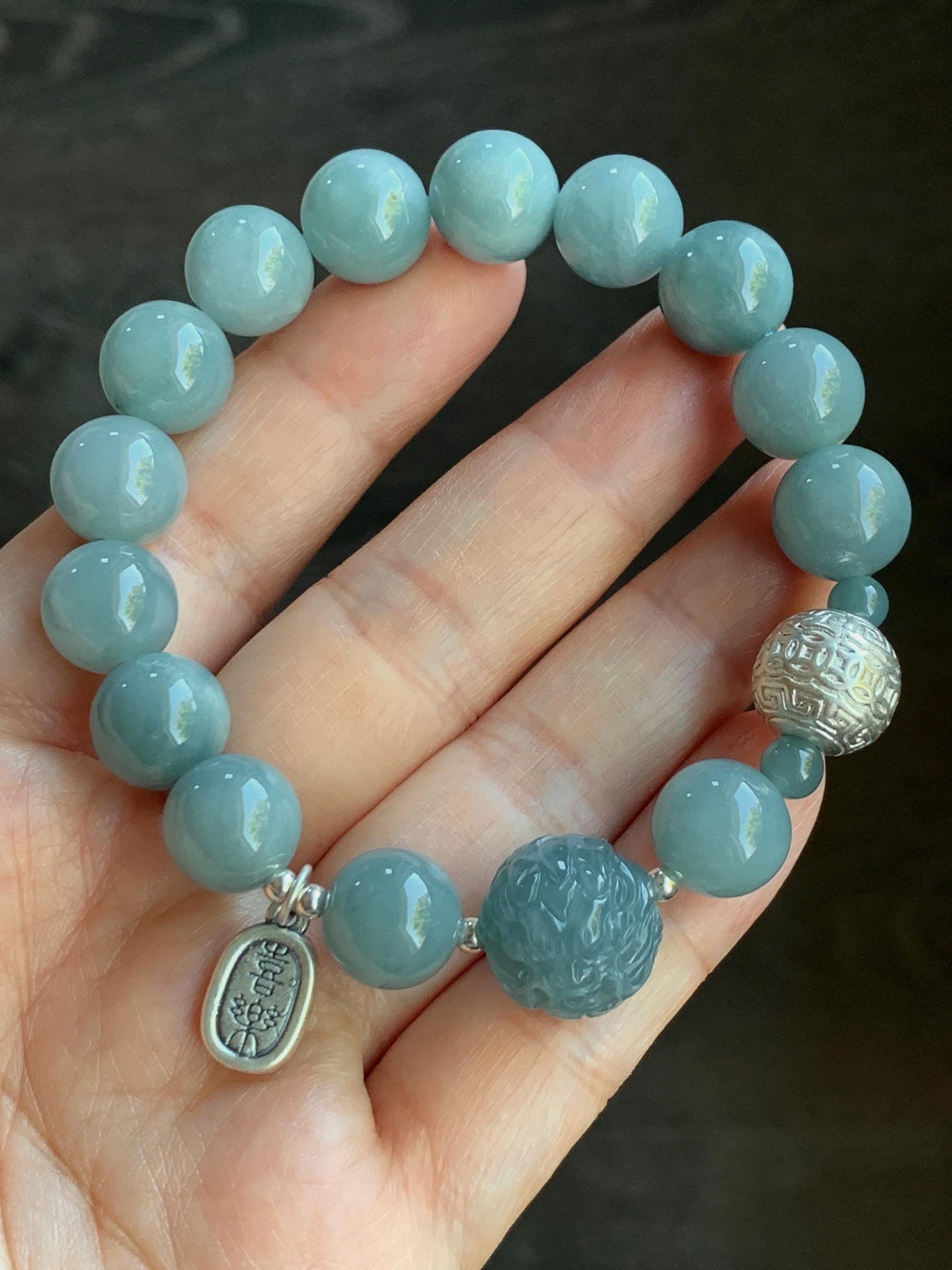 Natural Guatemalan Icy Translucent Light Dusty Blue Jadeite Dragon Bead Beaded Bracelet Sterling Silver 7.25” 11mm 40g 天然冰危浅蓝翡翠龙珠手串 QLZ315Q