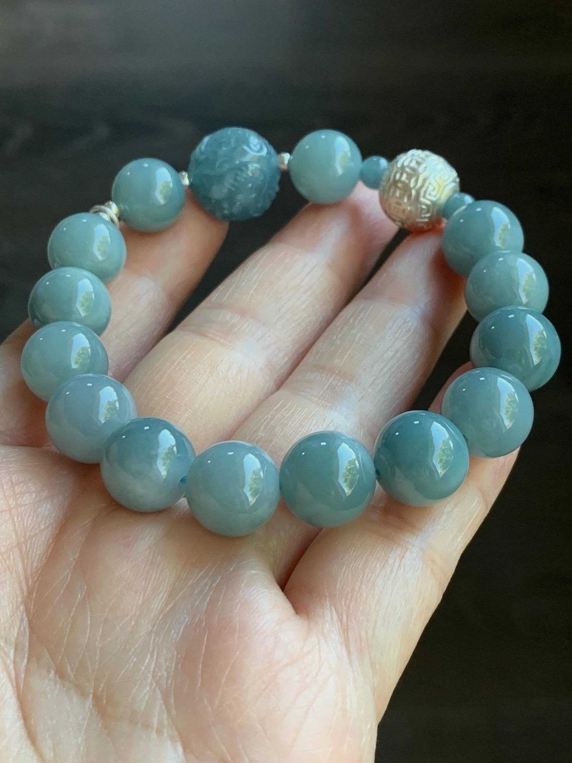 Natural Guatemalan Icy Translucent Light Dusty Blue Jadeite Dragon Bead Beaded Bracelet Sterling Silver 7.25” 11mm 40g 天然冰危浅蓝翡翠龙珠手串 QLZ315Q