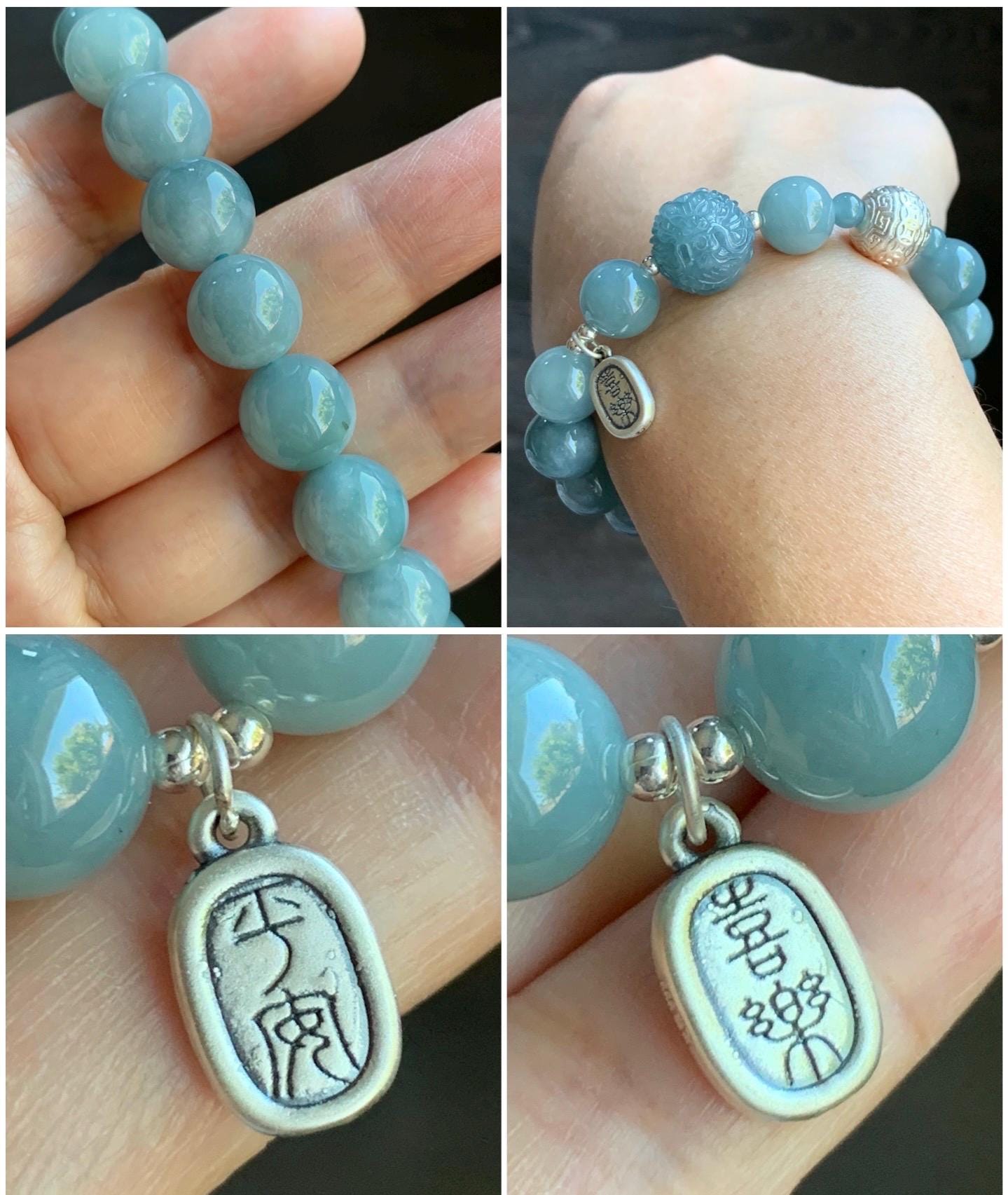 Natural Guatemalan Icy Translucent Light Dusty Blue Jadeite Dragon Bead Beaded Bracelet Sterling Silver 7.25” 11mm 40g 天然冰危浅蓝翡翠龙珠手串 QLZ315Q