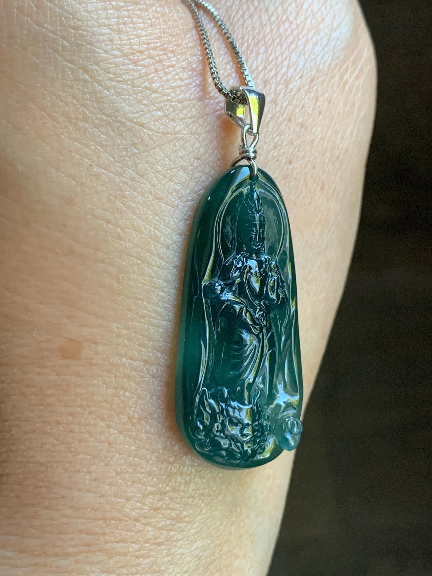 Natural Guatemalan Icy Translucent Gelatinous Deep Blue Jadeite Wen Shu Manjushri Bodhisattva Pendant Sterling Silver 天然冰胶危深蓝翡翠文殊菩萨吊坠 A