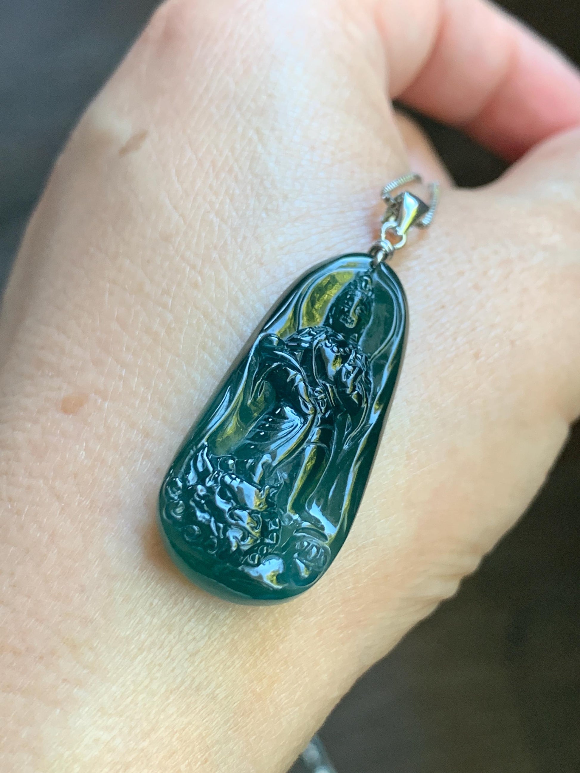 Natural Guatemalan Icy Translucent Gelatinous Deep Blue Jadeite Wen Shu Manjushri Bodhisattva Pendant Sterling Silver 天然冰胶危深蓝翡翠文殊菩萨吊坠 A