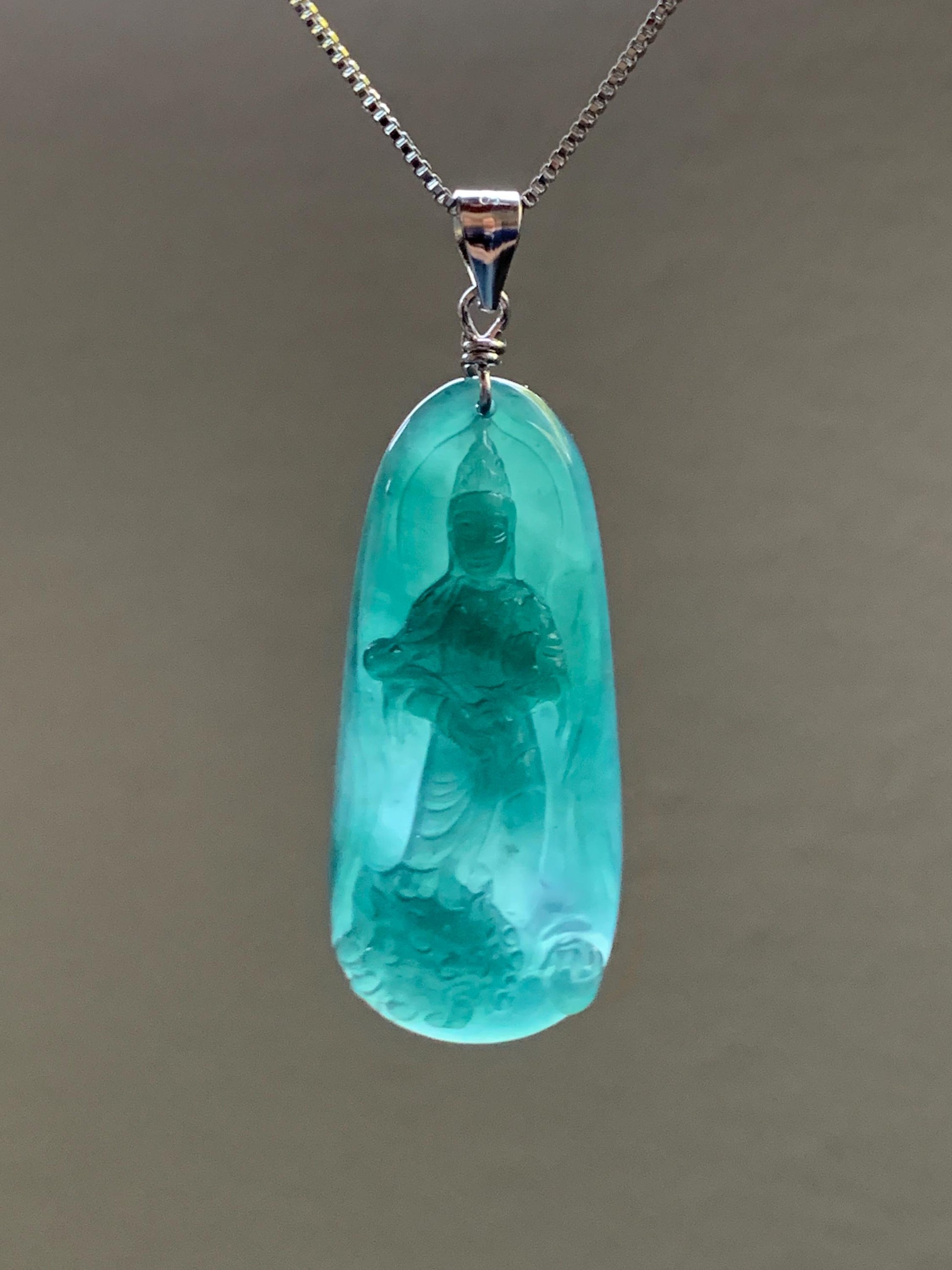 Natural Guatemalan Icy Translucent Gelatinous Deep Blue Jadeite Wen Shu Manjushri Bodhisattva Pendant Sterling Silver 天然冰胶危深蓝翡翠文殊菩萨吊坠 A