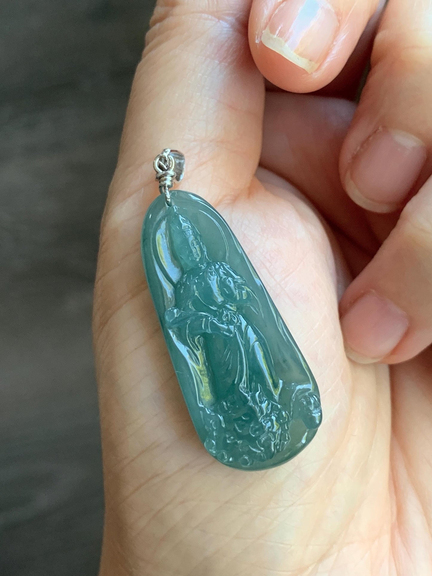 Natural Guatemalan Icy Translucent Gelatinous Teal Blue Jadeite Wen Shu Manjushri Bodhisattva Pendant Sterling Silver 天然冰胶危蓝绿翡翠文殊菩萨吊坠 B