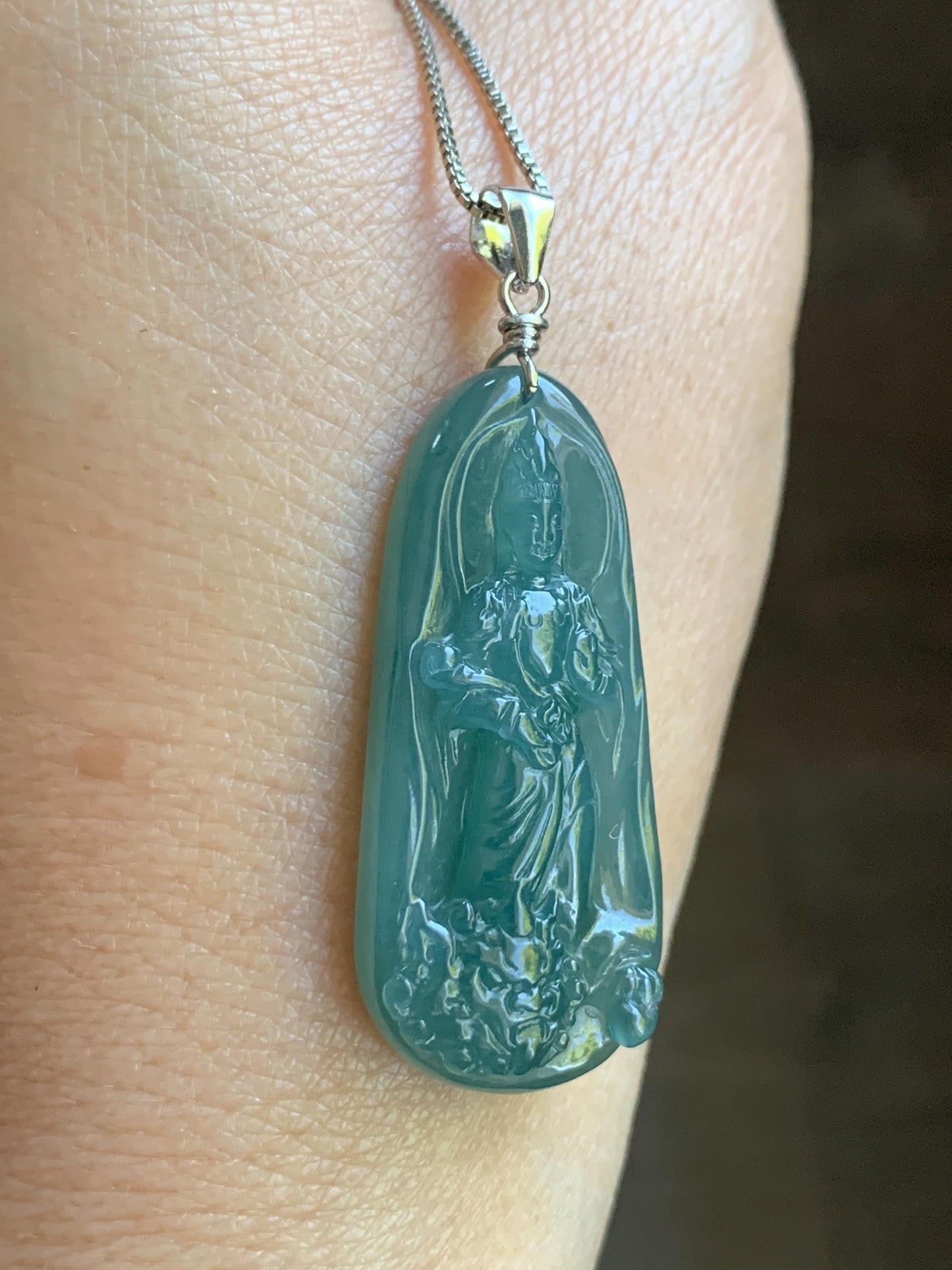 Natural Guatemalan Icy Translucent Gelatinous Teal Blue Jadeite Wen Shu Manjushri Bodhisattva Pendant Sterling Silver 天然冰胶危蓝绿翡翠文殊菩萨吊坠 B