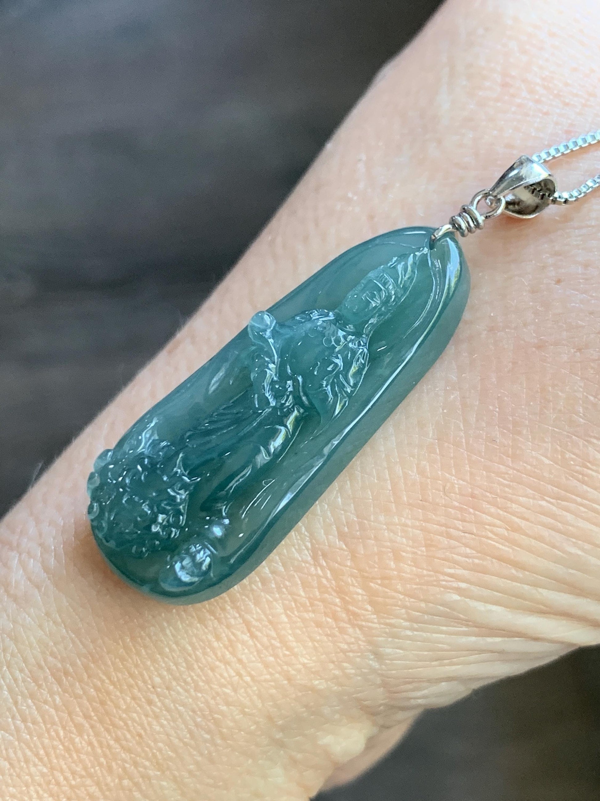 Natural Guatemalan Icy Translucent Gelatinous Teal Blue Jadeite Wen Shu Manjushri Bodhisattva Pendant Sterling Silver 天然冰胶危蓝绿翡翠文殊菩萨吊坠 B