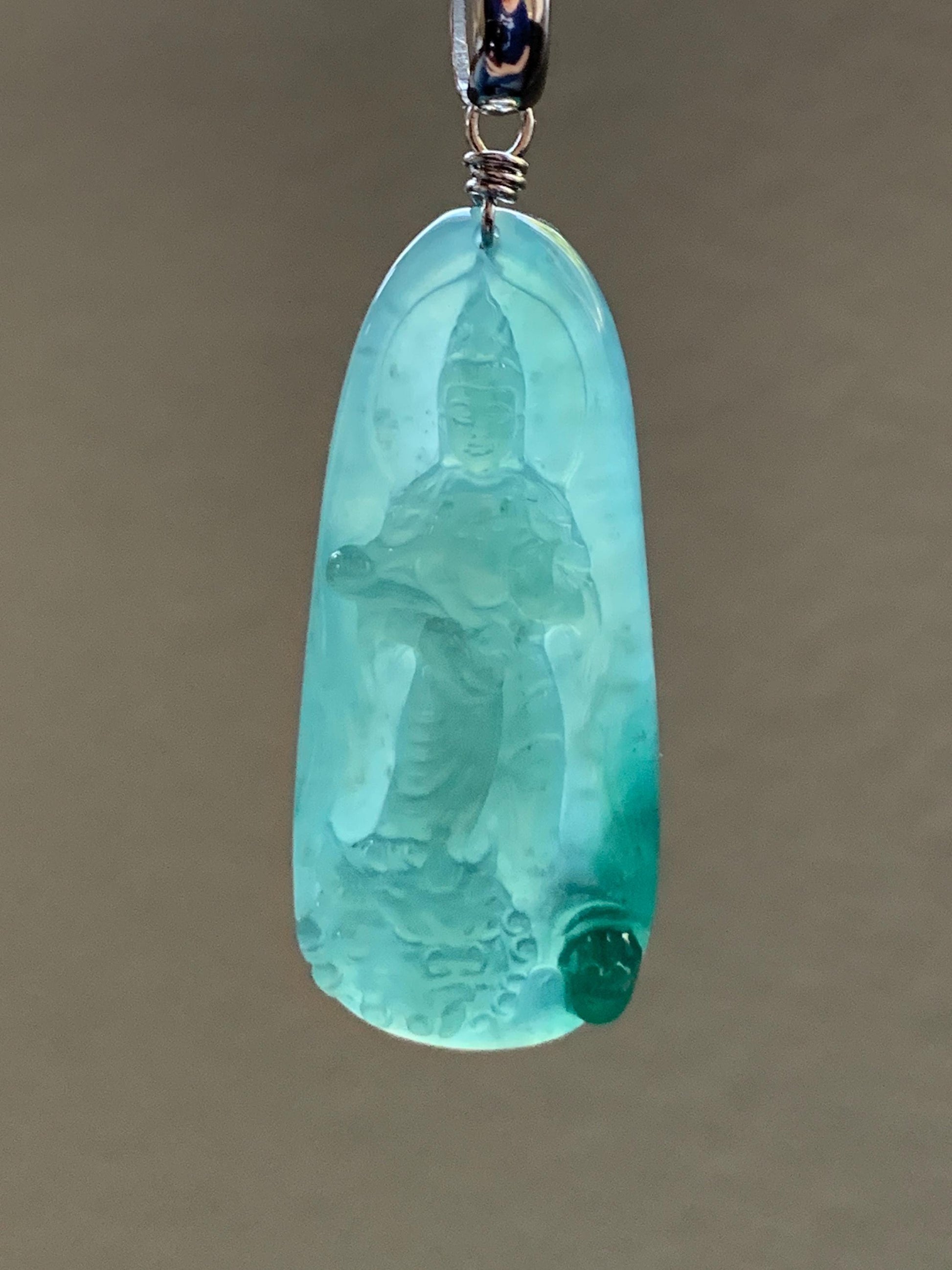 Natural Guatemalan Icy Translucent Gelatinous Teal Blue Jadeite Wen Shu Manjushri Bodhisattva Pendant Sterling Silver 天然冰胶危蓝绿翡翠文殊菩萨吊坠 C