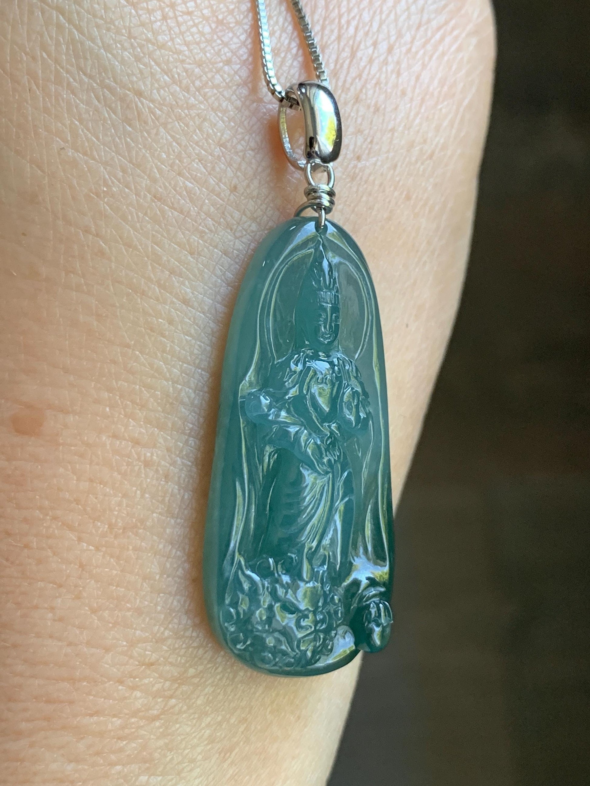Natural Guatemalan Icy Translucent Gelatinous Teal Blue Jadeite Wen Shu Manjushri Bodhisattva Pendant Sterling Silver 天然冰胶危蓝绿翡翠文殊菩萨吊坠 C