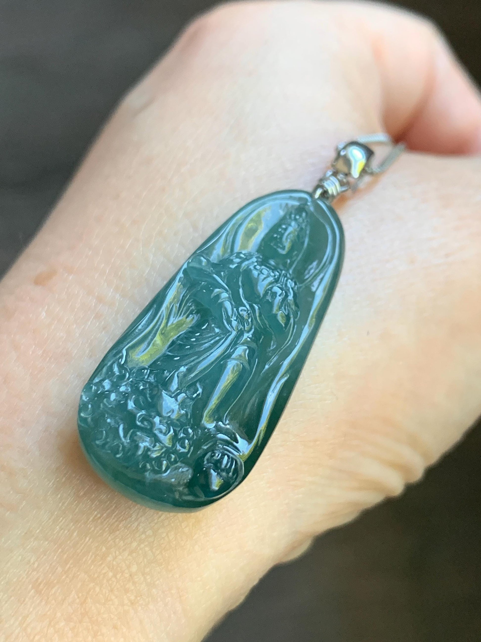 Natural Guatemalan Icy Translucent Gelatinous Teal Blue Jadeite Wen Shu Manjushri Bodhisattva Pendant Sterling Silver 天然冰胶危蓝绿翡翠文殊菩萨吊坠 C