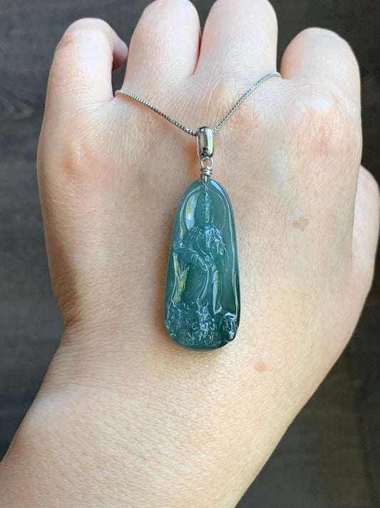 Natural Guatemalan Icy Translucent Gelatinous Teal Blue Jadeite Wen Shu Manjushri Bodhisattva Pendant Sterling Silver 天然冰胶危蓝绿翡翠文殊菩萨吊坠 C