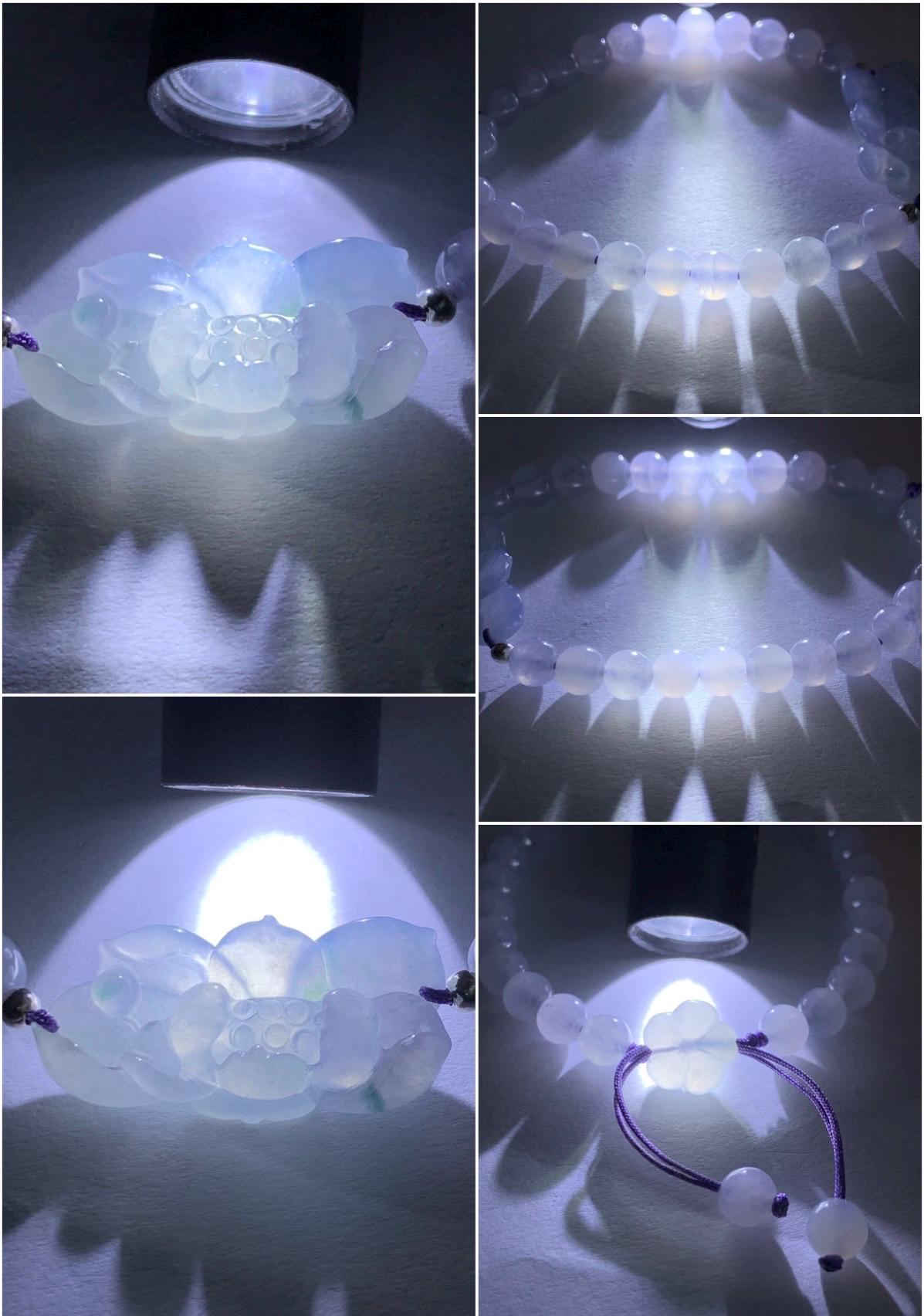 Certified Natural Burmese Icy Translucent Gelatinous Light Purple Blue Marbled Jadeite Lotus Flower Beaded Bracelet 6.75” 天然缅甸冰胶淡紫飘花翡翠莲花手牌手串