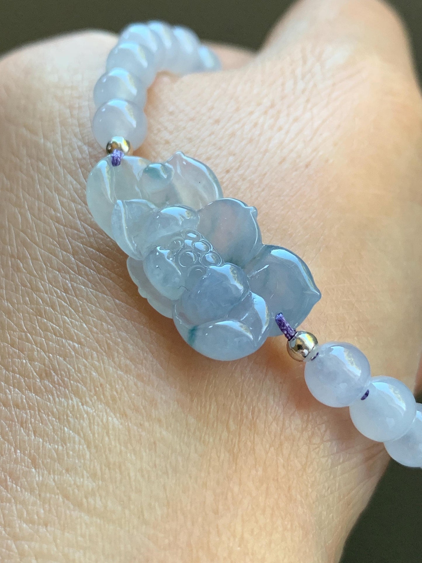 Certified Natural Burmese Icy Translucent Gelatinous Light Purple Blue Marbled Jadeite Lotus Flower Beaded Bracelet 6.75” 天然缅甸冰胶淡紫飘花翡翠莲花手牌手串