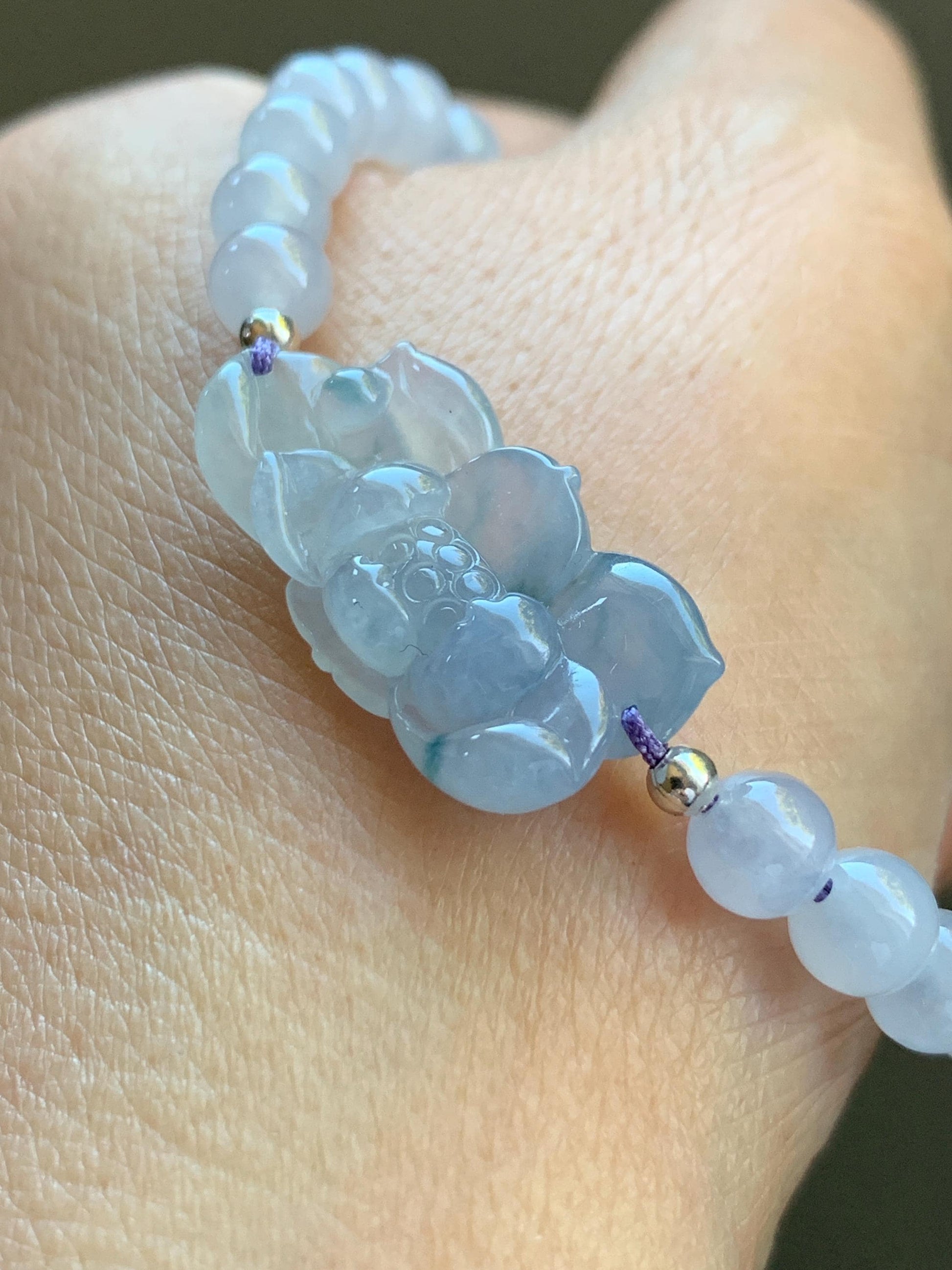 Certified Natural Burmese Icy Translucent Gelatinous Light Purple Blue Marbled Jadeite Lotus Flower Beaded Bracelet 6.75” 天然缅甸冰胶淡紫飘花翡翠莲花手牌手串