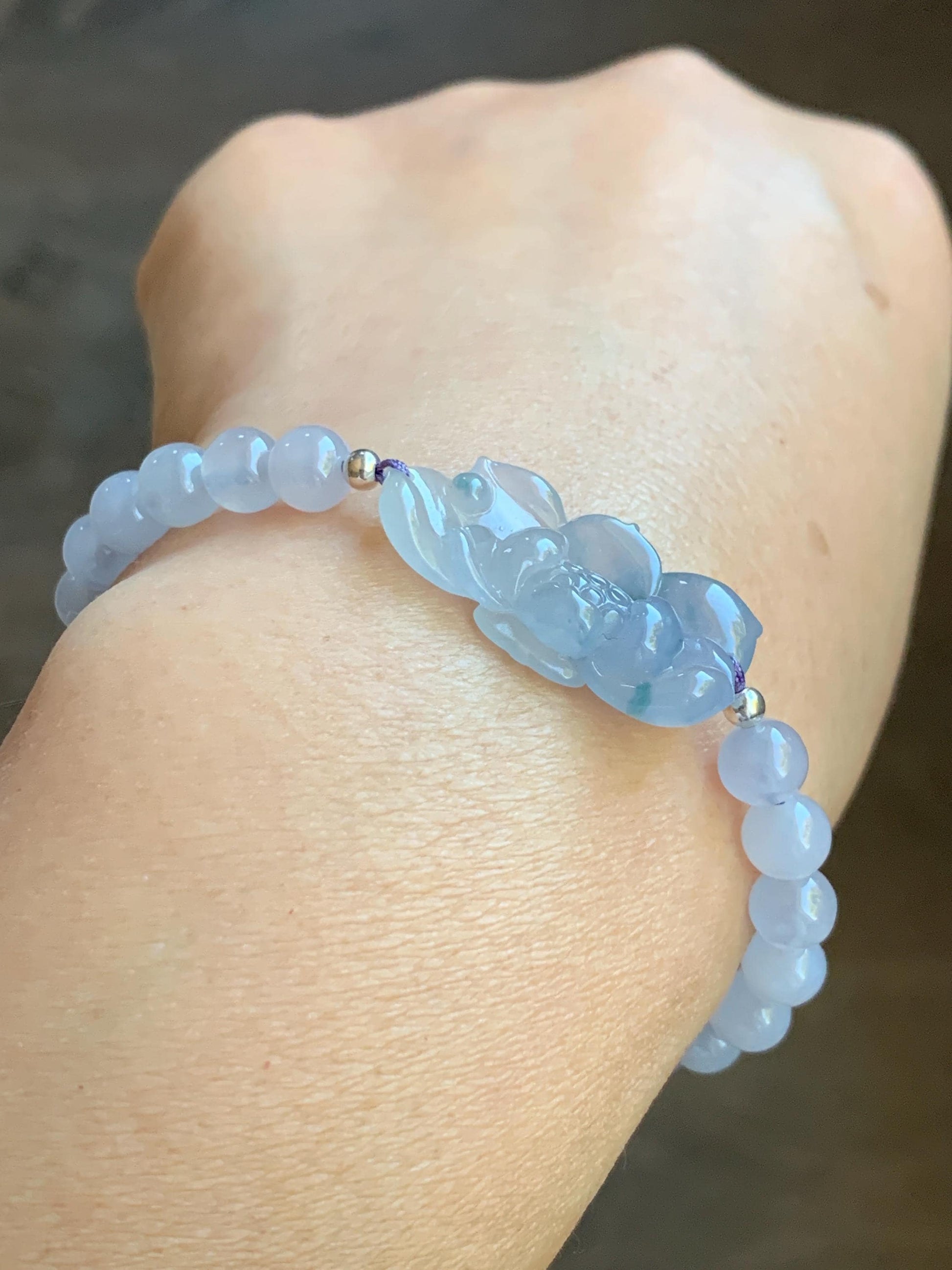 Certified Natural Burmese Icy Translucent Gelatinous Light Purple Blue Marbled Jadeite Lotus Flower Beaded Bracelet 6.75” 天然缅甸冰胶淡紫飘花翡翠莲花手牌手串