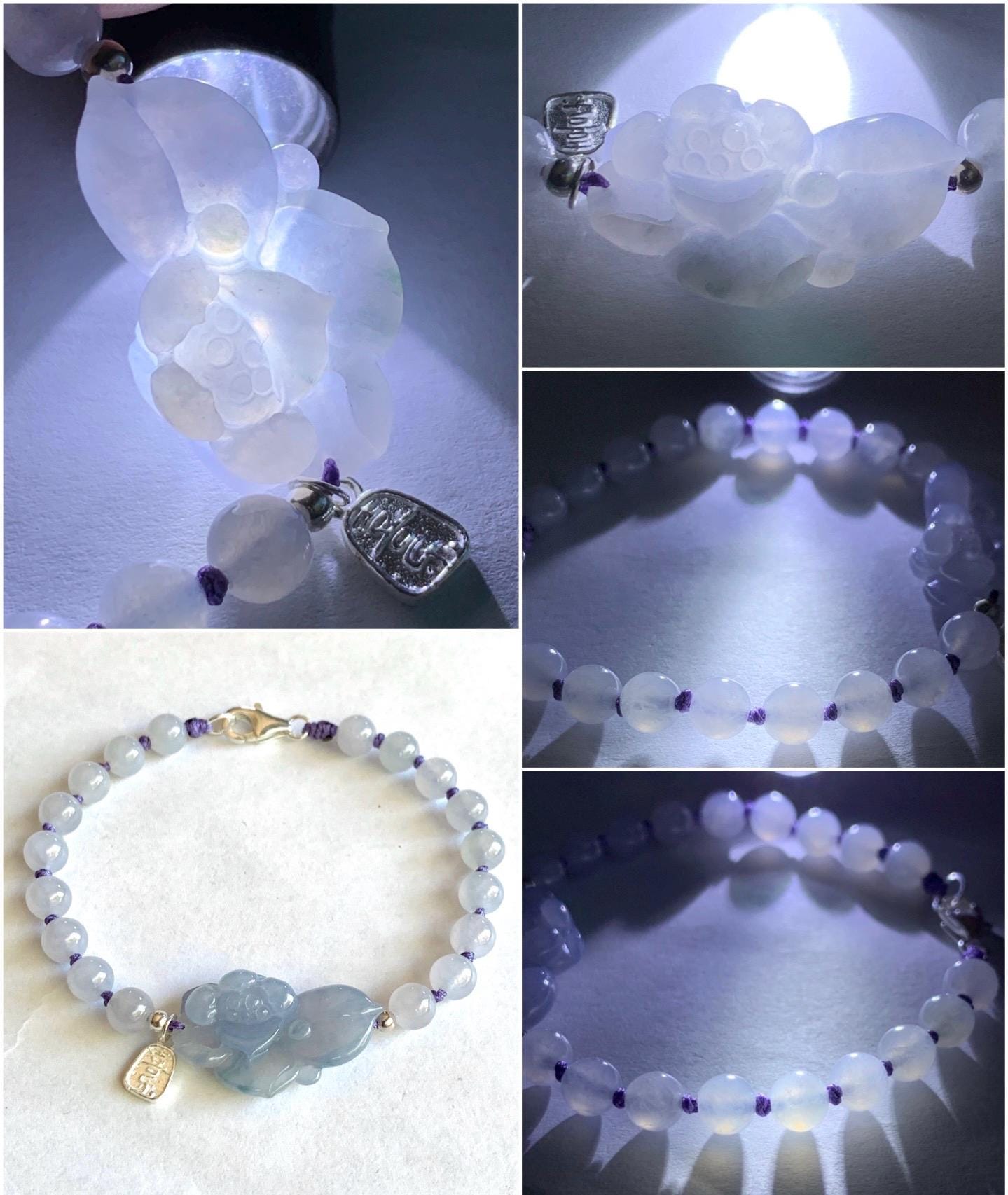 Certified Natural Burmese Icy Translucent Gelatinous Light Purple Blue Marbled Jadeite Lotus Flower Beaded Bracelet 7” SS 天然缅甸冰胶淡紫飘花翡翠莲花手牌手串