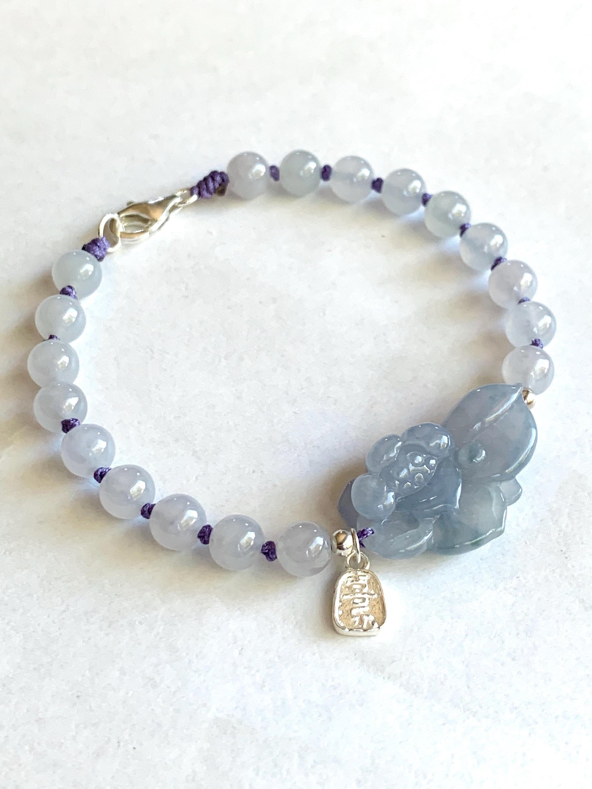 Certified Natural Burmese Icy Translucent Gelatinous Light Purple Blue Marbled Jadeite Lotus Flower Beaded Bracelet 7” SS 天然缅甸冰胶淡紫飘花翡翠莲花手牌手串