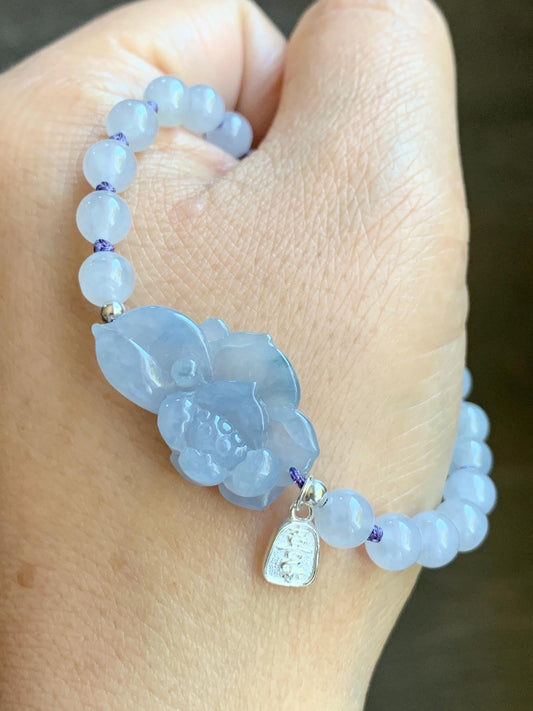 Certified Natural Burmese Icy Translucent Gelatinous Light Purple Blue Marbled Jadeite Lotus Flower Beaded Bracelet 7” SS 天然缅甸冰胶淡紫飘花翡翠莲花手牌手串