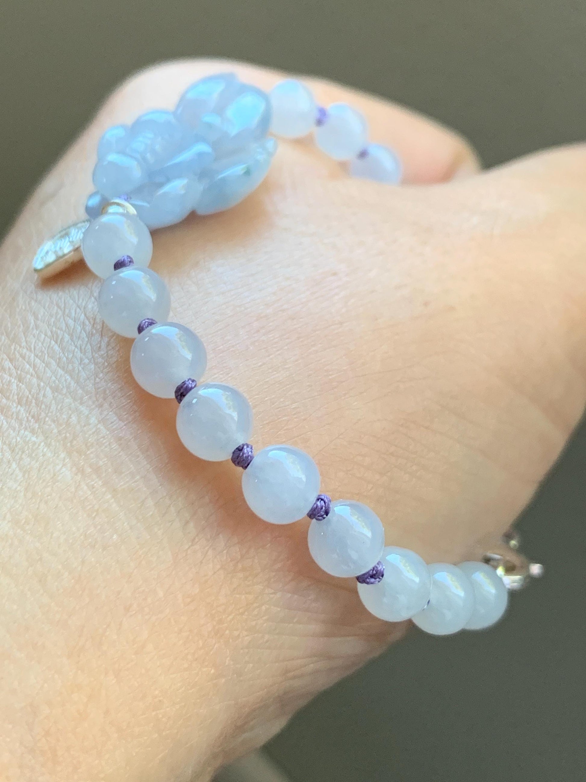 Certified Natural Burmese Icy Translucent Gelatinous Light Purple Blue Marbled Jadeite Lotus Flower Beaded Bracelet 7” SS 天然缅甸冰胶淡紫飘花翡翠莲花手牌手串