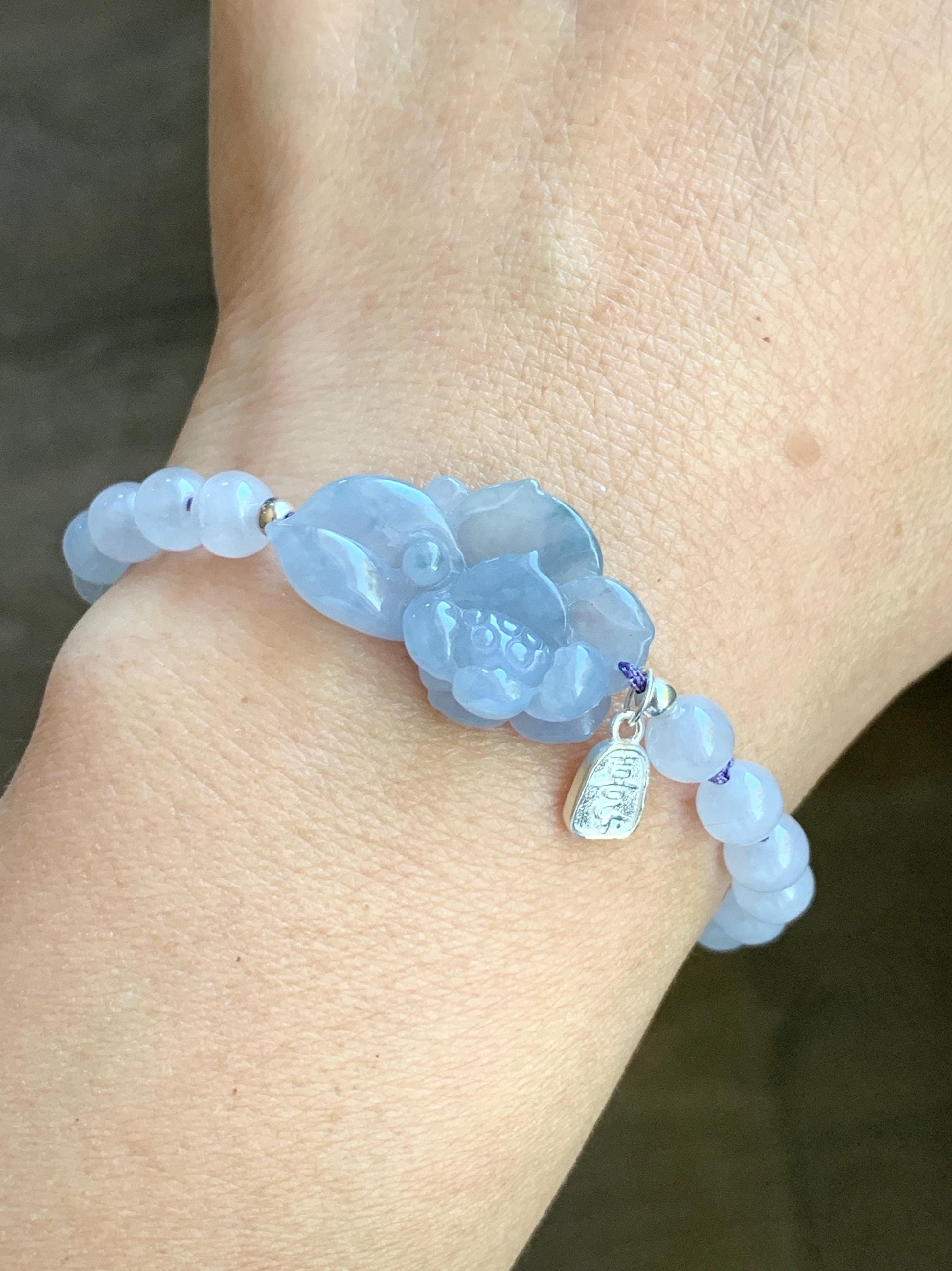 Certified Natural Burmese Icy Translucent Gelatinous Light Purple Blue Marbled Jadeite Lotus Flower Beaded Bracelet 7” SS 天然缅甸冰胶淡紫飘花翡翠莲花手牌手串
