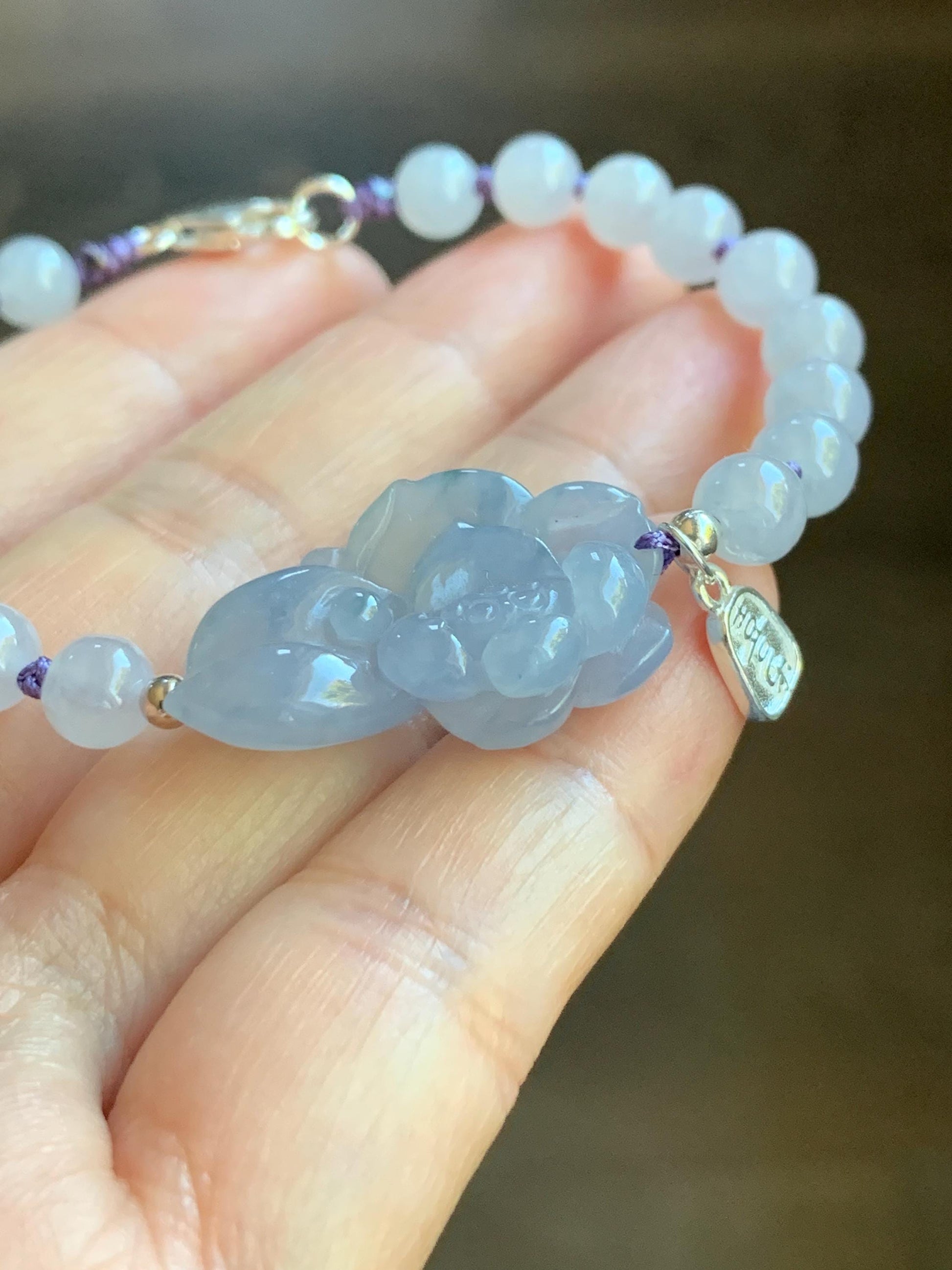 Certified Natural Burmese Icy Translucent Gelatinous Light Purple Blue Marbled Jadeite Lotus Flower Beaded Bracelet 7” SS 天然缅甸冰胶淡紫飘花翡翠莲花手牌手串
