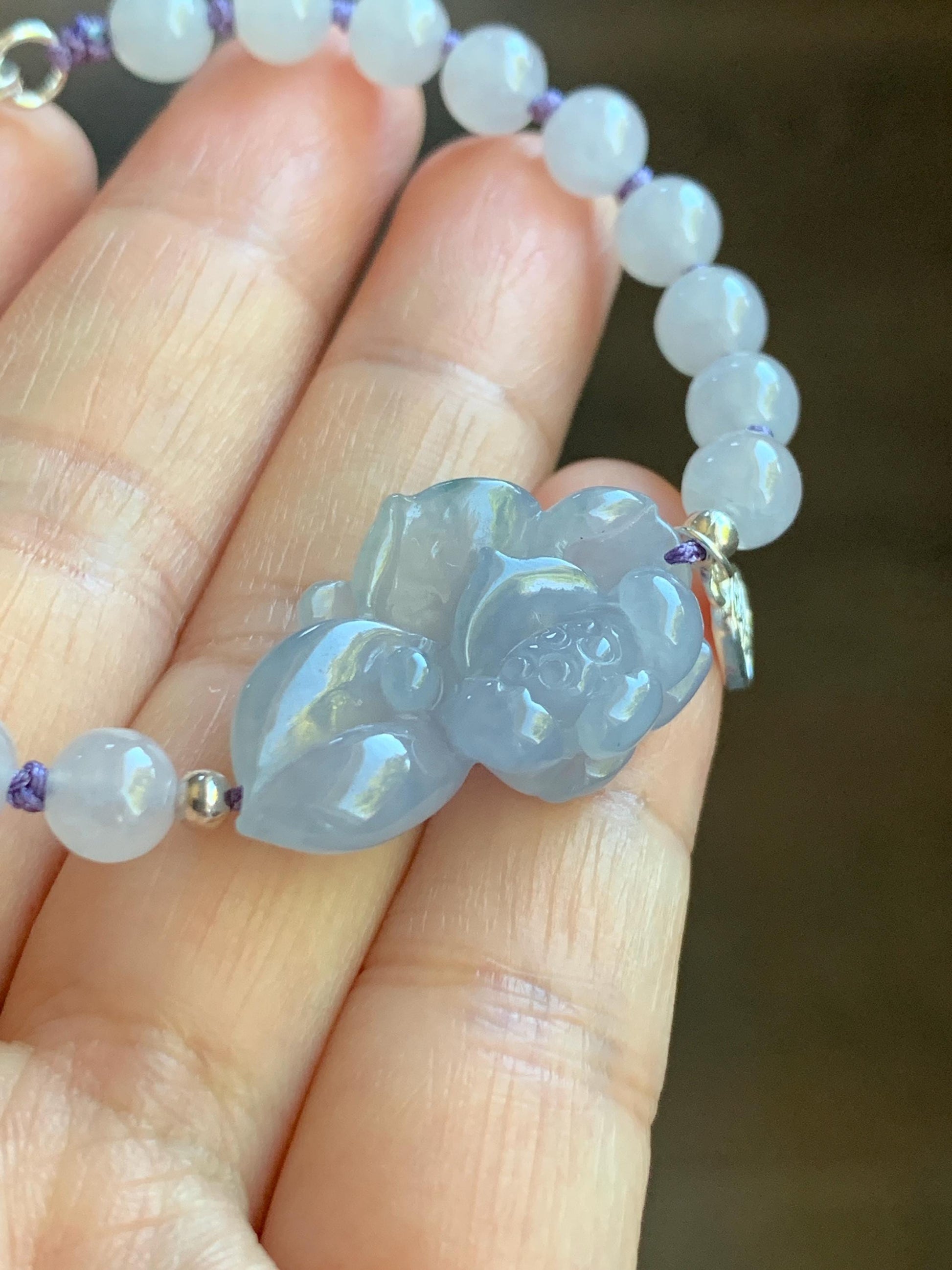 Certified Natural Burmese Icy Translucent Gelatinous Light Purple Blue Marbled Jadeite Lotus Flower Beaded Bracelet 7” SS 天然缅甸冰胶淡紫飘花翡翠莲花手牌手串