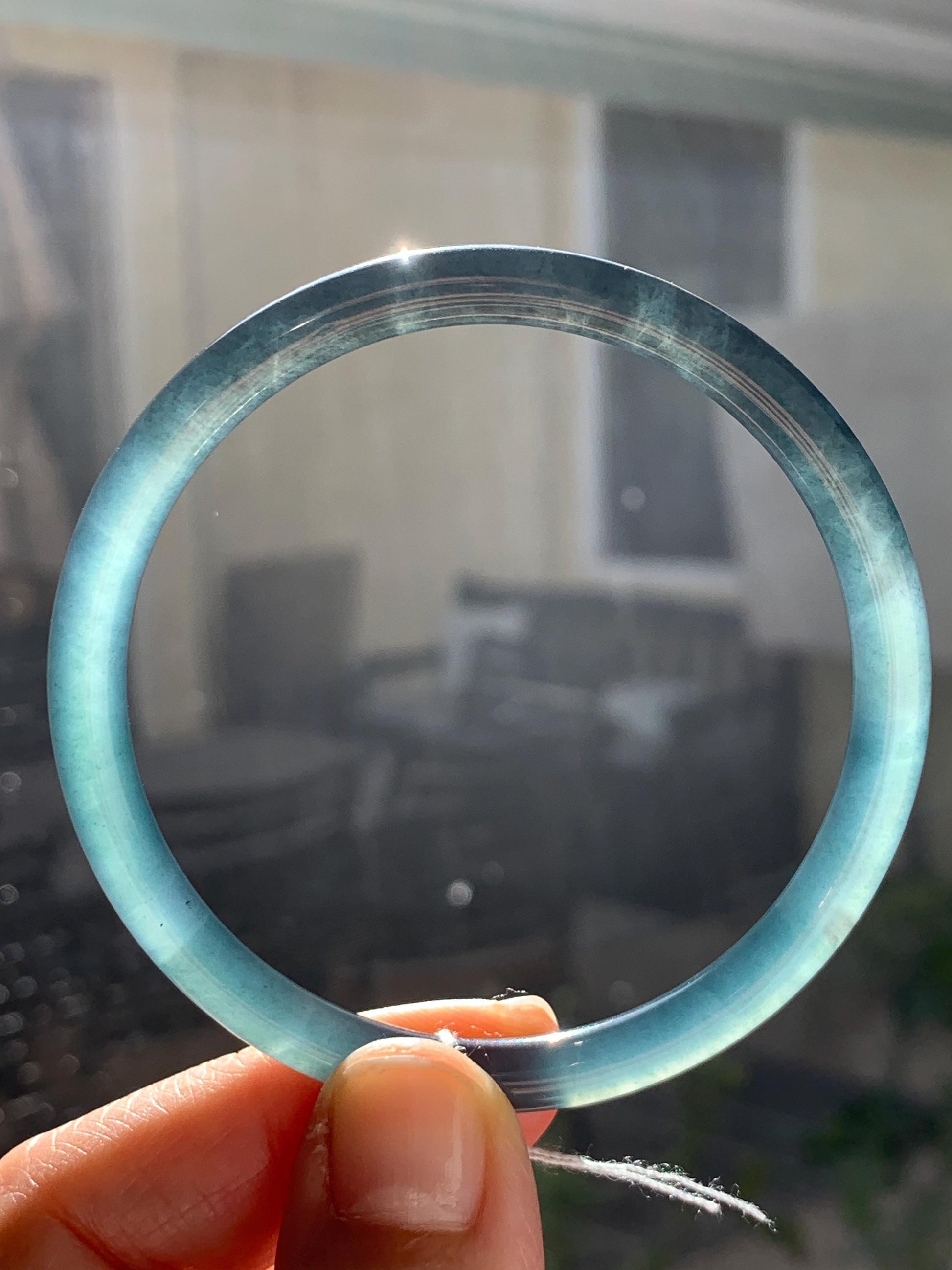 Certified Natural Guatemalan Icy Highly Translucent Dark Teal Blue Wuji Bangle Bracelet 56.4mm 5.8x5.8mm 18.1g 天然冰危乌鸡蓝翡翠细条正圈手镯 6908
