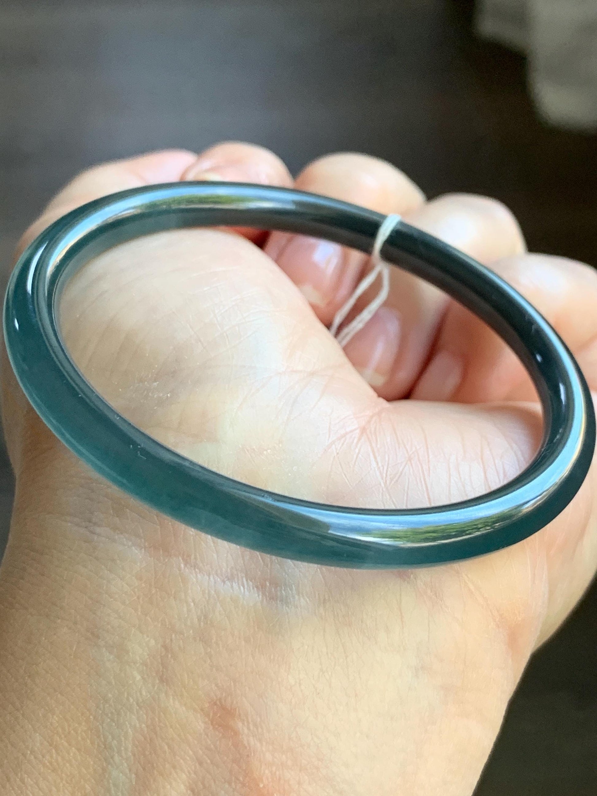 Certified Natural Guatemalan Icy Highly Translucent Dark Teal Blue Wuji Bangle Bracelet 56.4mm 5.8x5.8mm 18.1g 天然冰危乌鸡蓝翡翠细条正圈手镯 6908