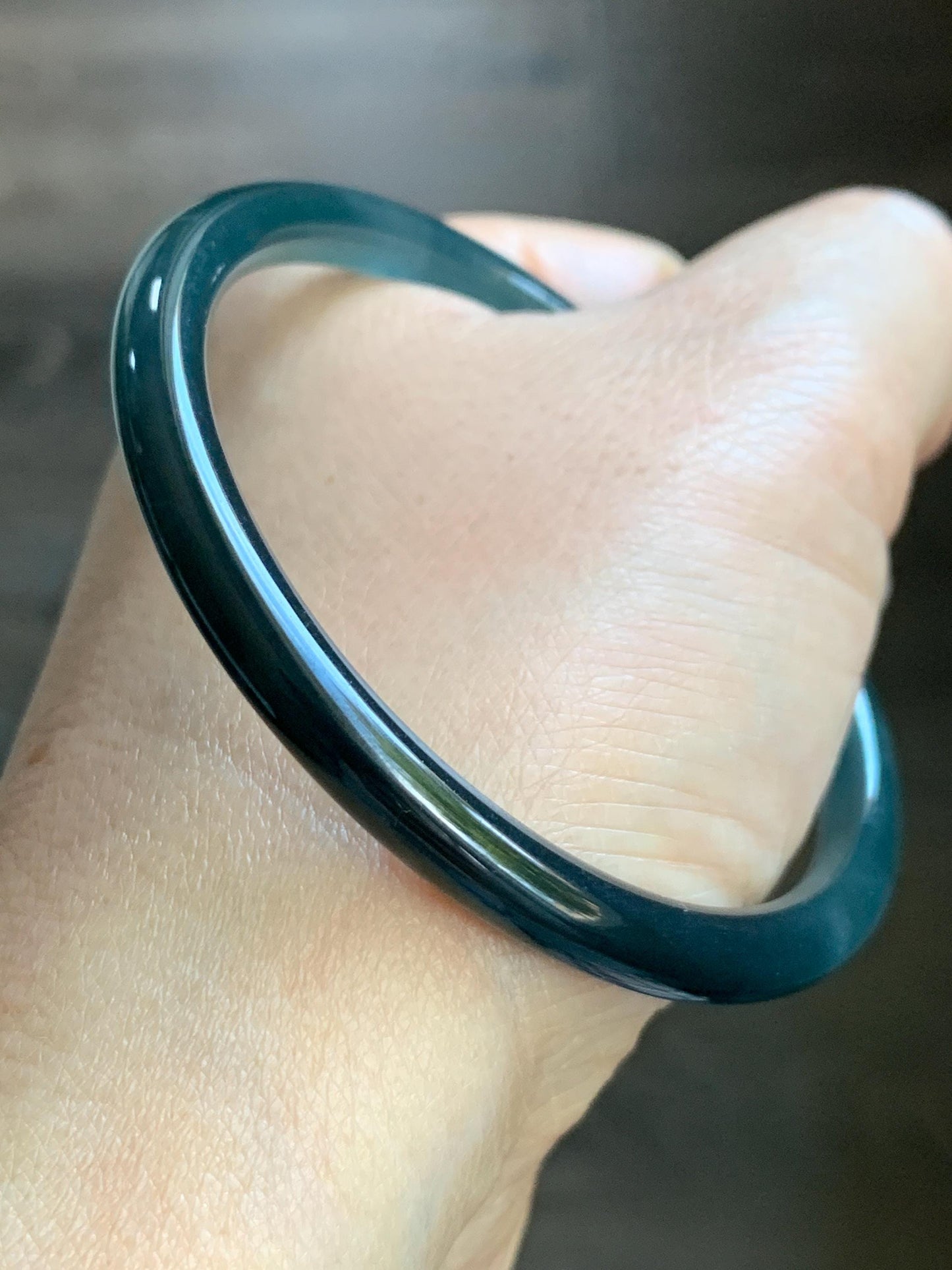 Certified Natural Guatemalan Icy Highly Translucent Dark Teal Blue Wuji Bangle Bracelet 56.4mm 5.8x5.8mm 18.1g 天然冰危乌鸡蓝翡翠细条正圈手镯 6908