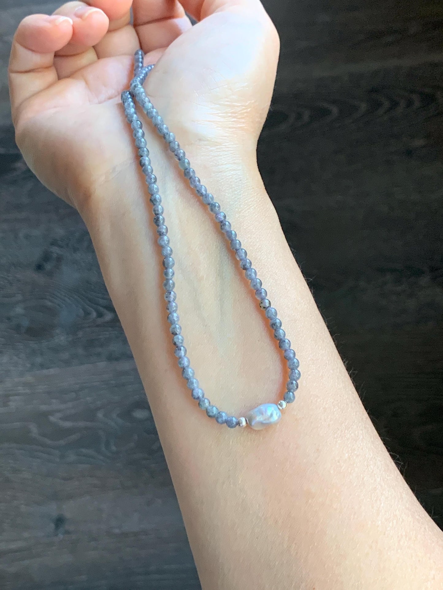 Natural Burmese Icy Translucent White Wuji Jadeite Genuine Baroque Pearl Sterling Silver Beaded Necklace 17”-18” 9g 天然缅甸冰胶浅乌鸡翡翠小珠海水巴洛克珍珠项链