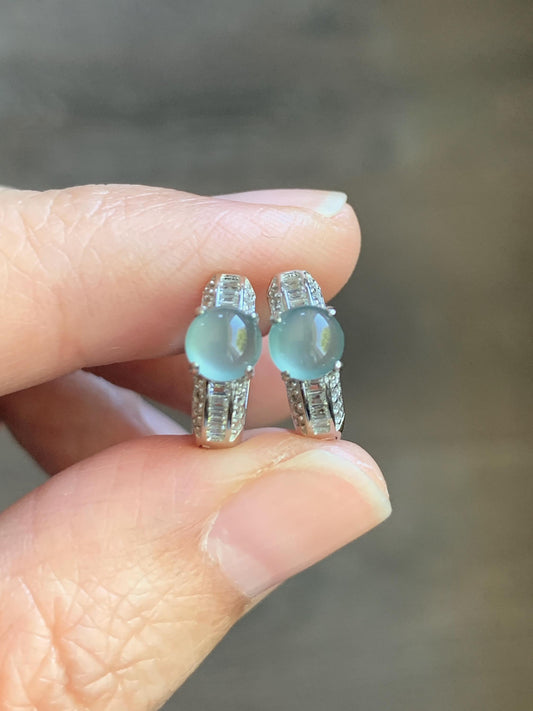 Natural Guatemalan Icy Highly Translucent Light Blue Jadeite Hoop Huggie Earrings S925 Sterling Silver 天然冰危起光晴蓝翡翠银镶耳包