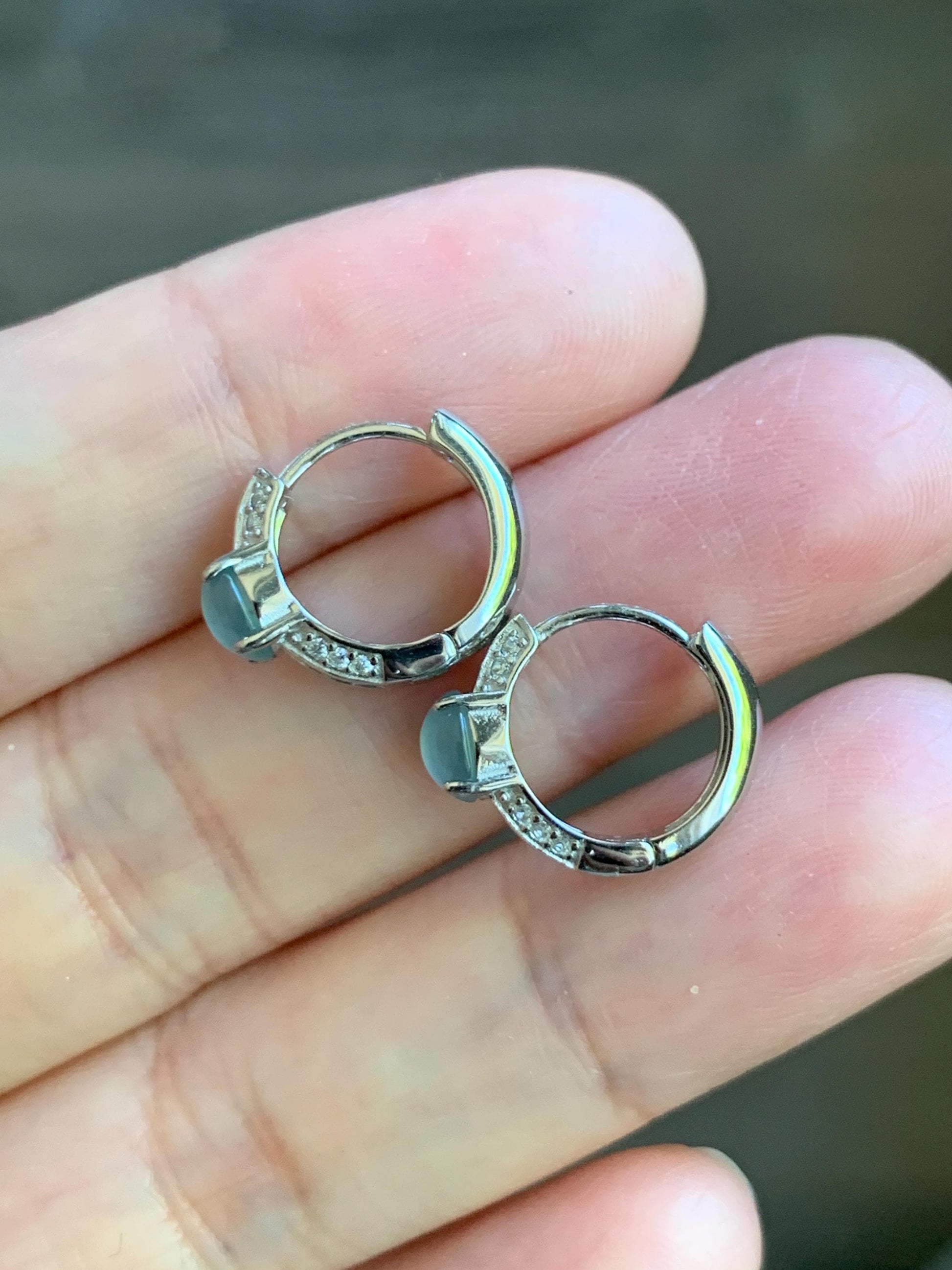 Natural Guatemalan Icy Highly Translucent Light Blue Jadeite Hoop Huggie Earrings S925 Sterling Silver 天然冰危起光晴蓝翡翠银镶耳包