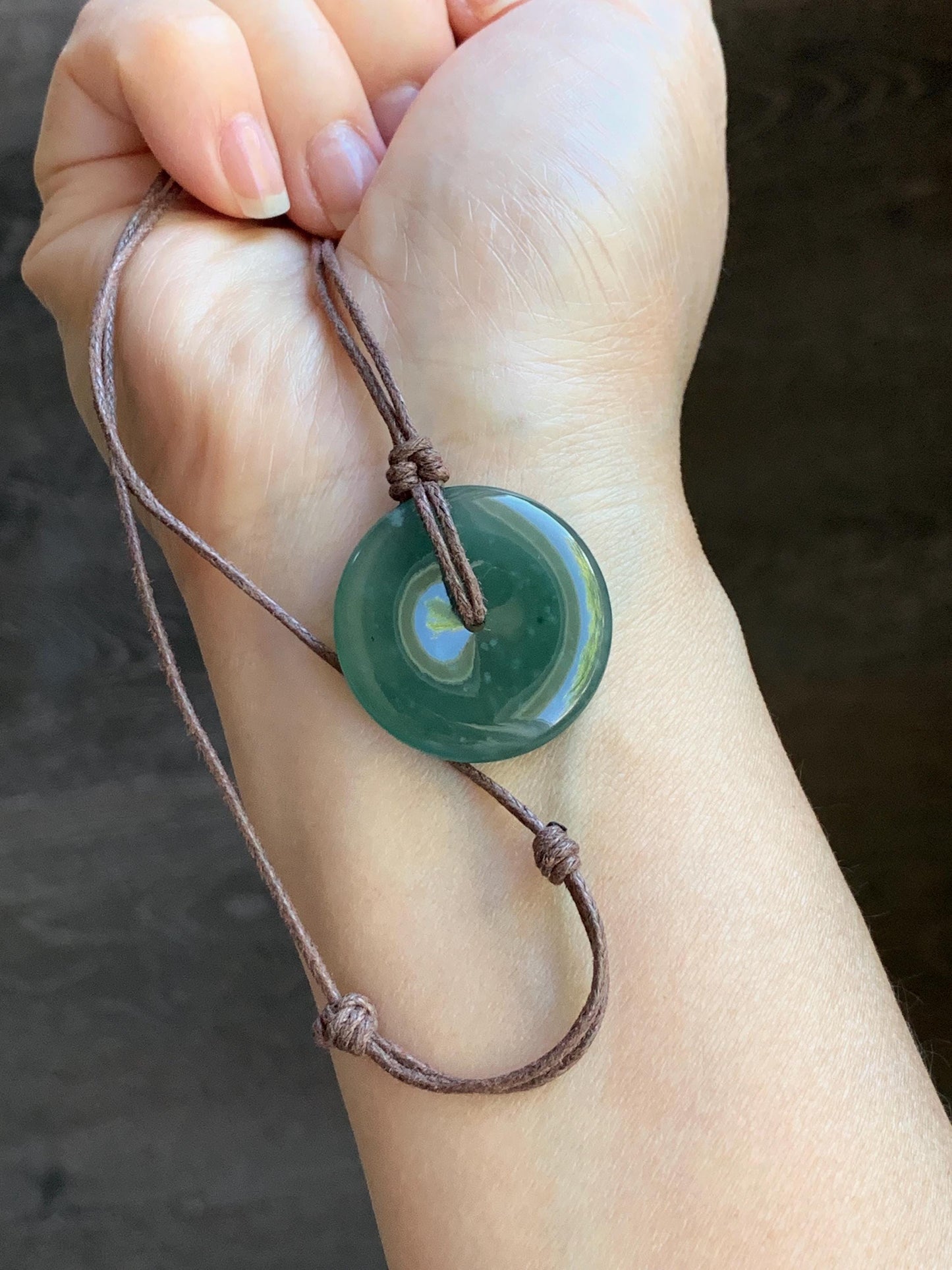 Natural Guatemalan Icy Highly Translucent Gelatinous Teal Green Jadeite Ping An Kou Donut Pendant Rope Necklace 26” 8g 天然老种冰胶危蓝绿翡翠平安扣吊坠