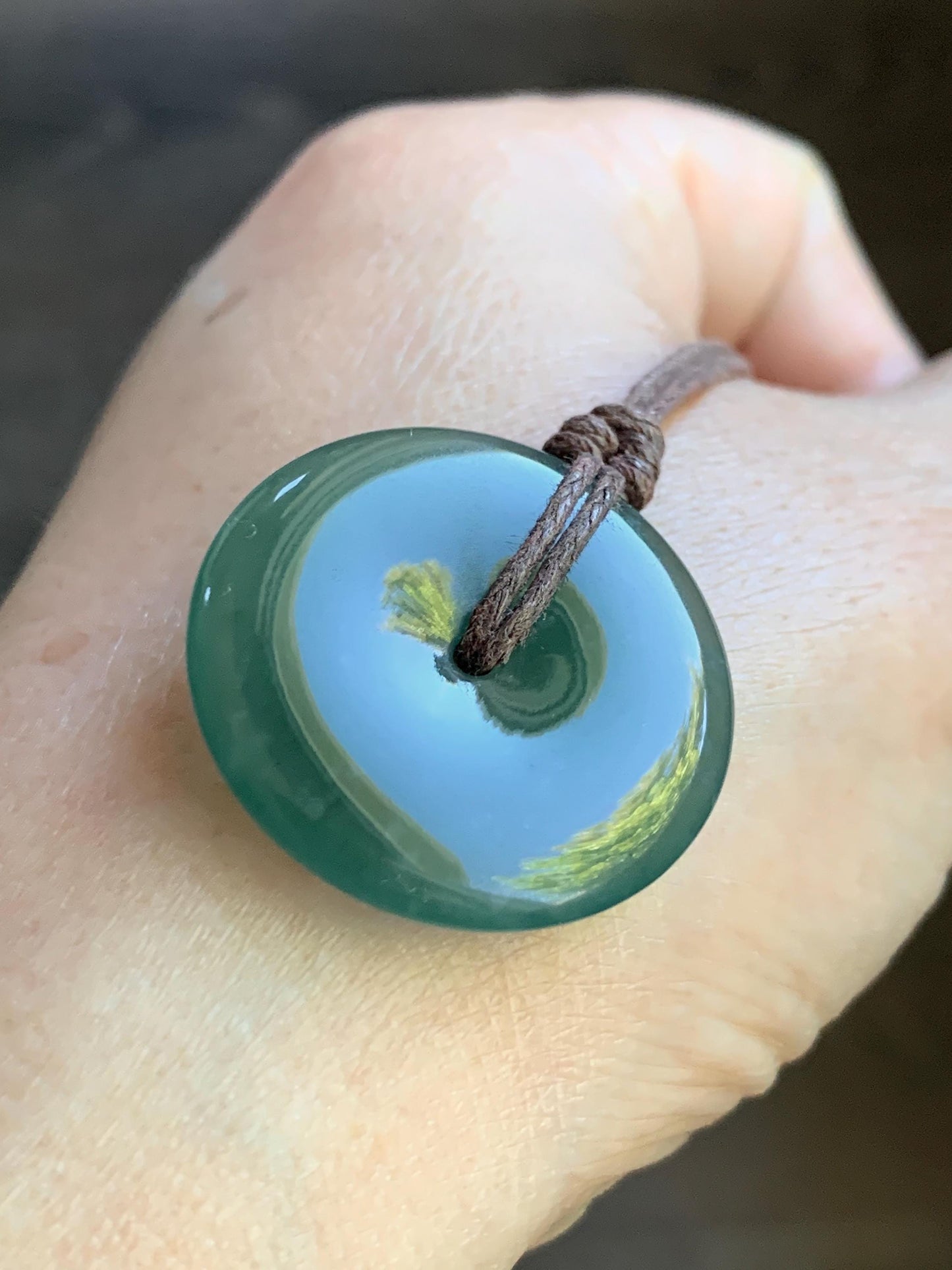 Natural Guatemalan Icy Highly Translucent Gelatinous Teal Green Jadeite Ping An Kou Donut Pendant Rope Necklace 26” 8g 天然老种冰胶危蓝绿翡翠平安扣吊坠