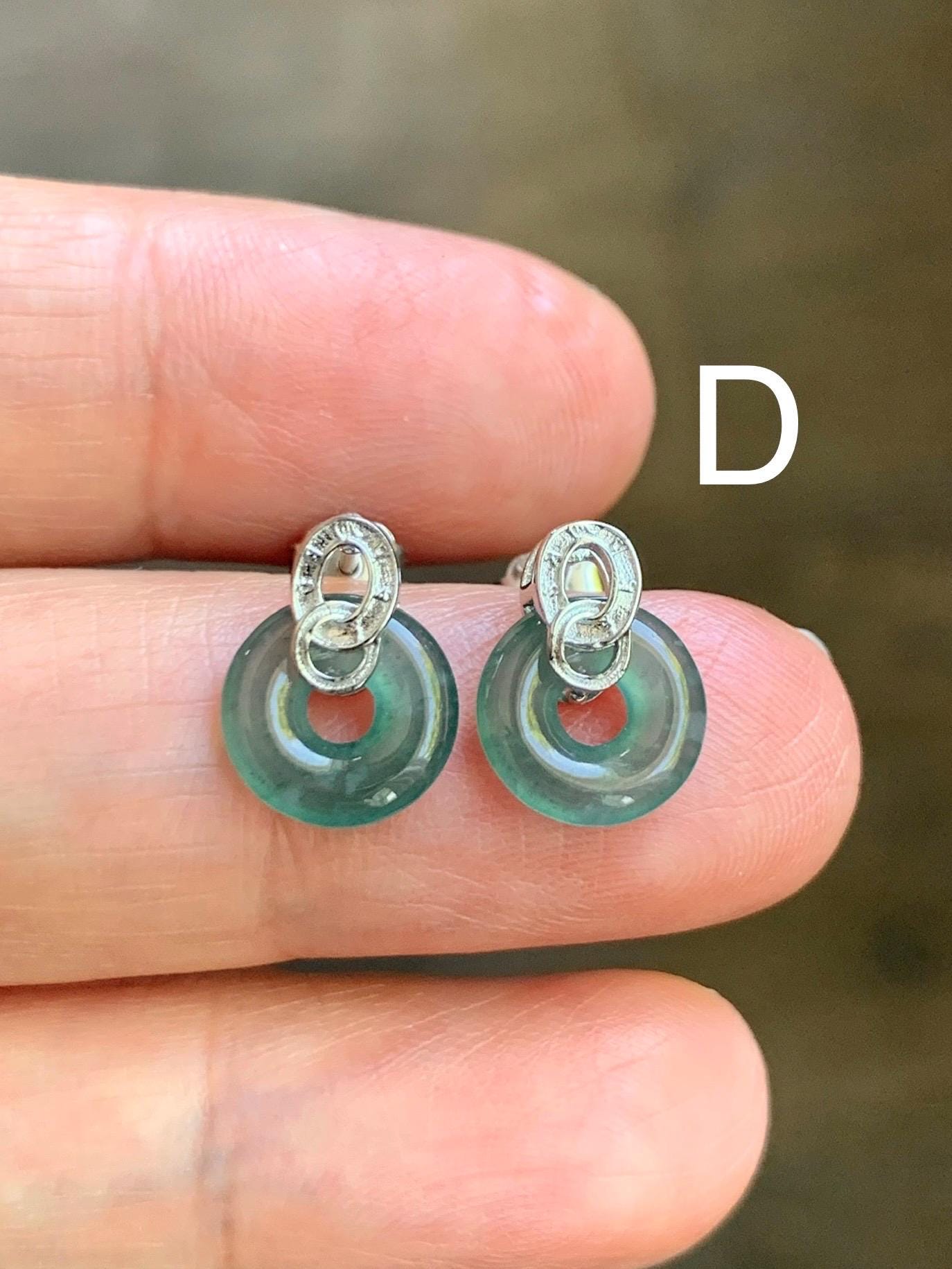 Natural Guatemalan Icy Highly Translucent Teal Green Jadeite Petite Ping An Kou Donut Studs Earrings Sterling Silver 天然冰危晴蓝起光翡翠平安扣耳钉耳环