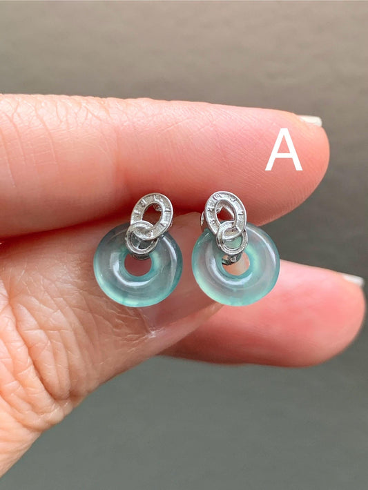 Natural Guatemalan Icy Highly Translucent Teal Green Jadeite Petite Ping An Kou Donut Studs Earrings Sterling Silver 天然冰危晴蓝起光翡翠平安扣耳钉耳环