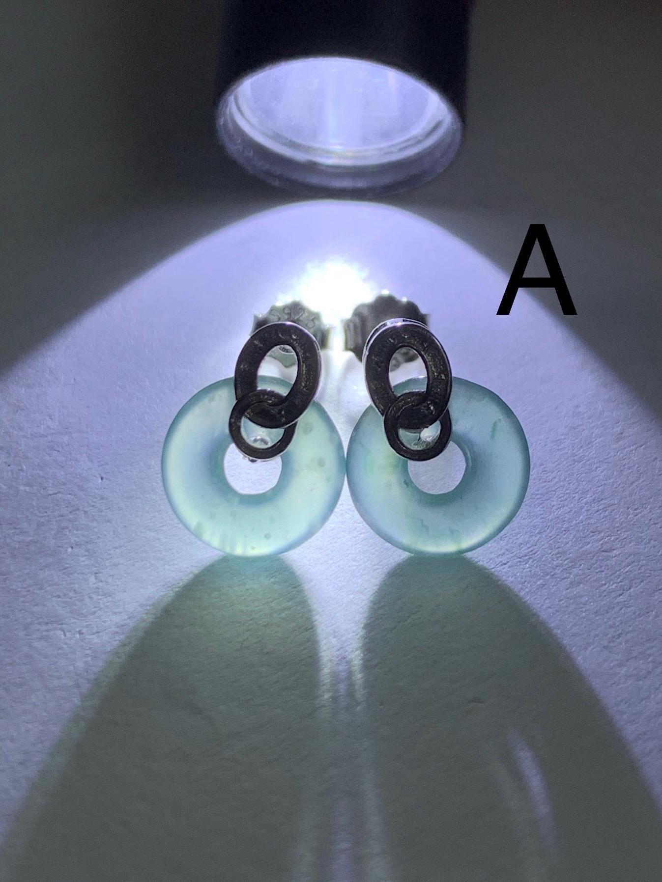 Natural Guatemalan Icy Highly Translucent Teal Green Jadeite Petite Ping An Kou Donut Studs Earrings Sterling Silver 天然冰危晴蓝起光翡翠平安扣耳钉耳环