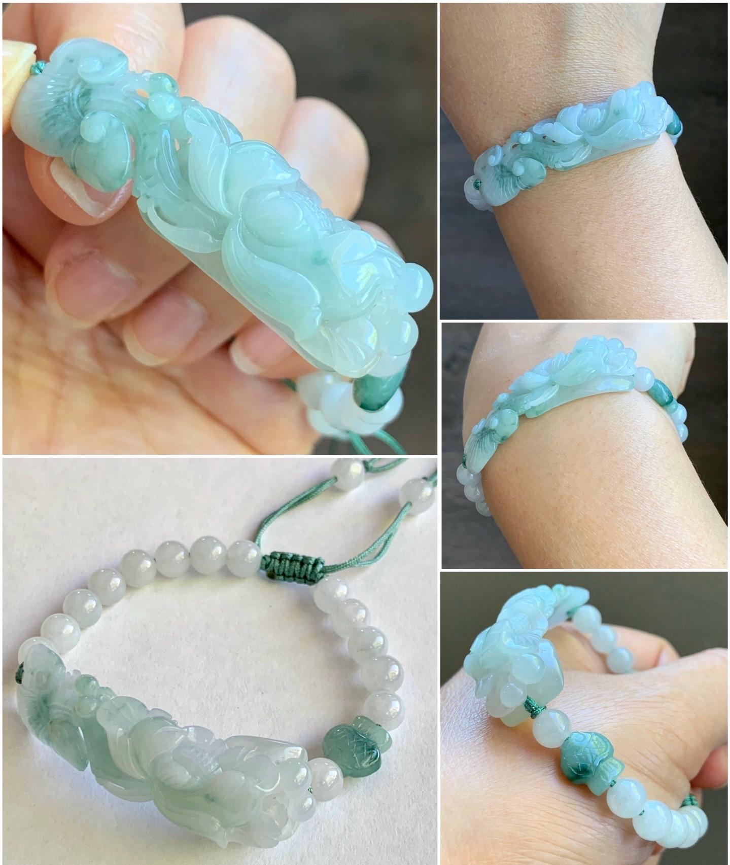 Certified Natural Burmese Icy Translucent Light Green & Teal Green Marbled Jadeite Lotus Flower Ruyi Cuff Beaded Bracelet 天然缅甸冰晴飘花翡翠莲花如意手牌手串