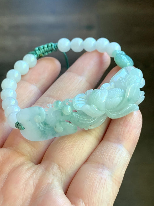 Certified Natural Burmese Icy Translucent Light Green & Teal Green Marbled Jadeite Lotus Flower Ruyi Cuff Beaded Bracelet 天然缅甸冰晴飘花翡翠莲花如意手牌手串