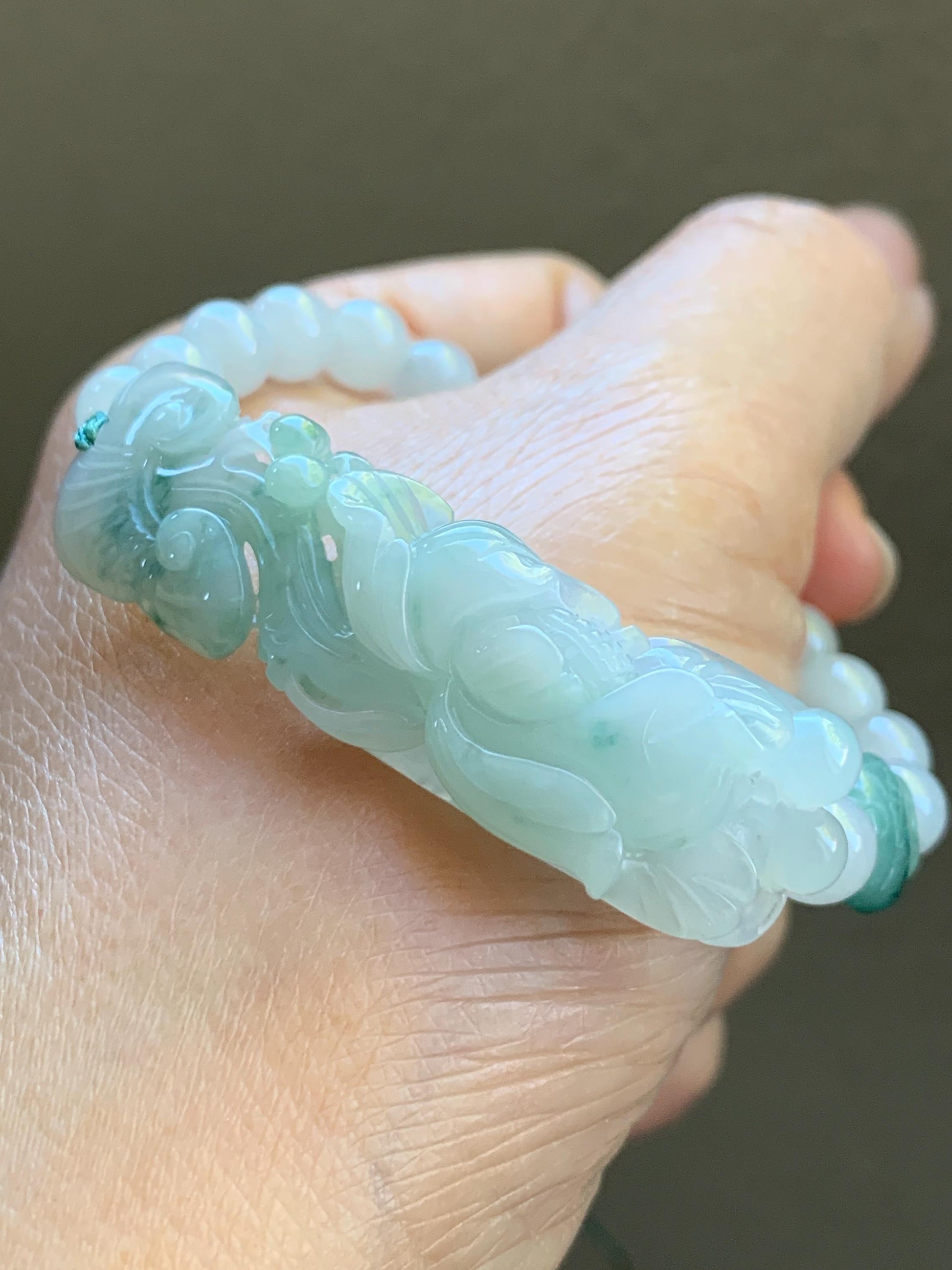 Certified Natural Burmese Icy Translucent Light Green & Teal Green Marbled Jadeite Lotus Flower Ruyi Cuff Beaded Bracelet 天然缅甸冰晴飘花翡翠莲花如意手牌手串