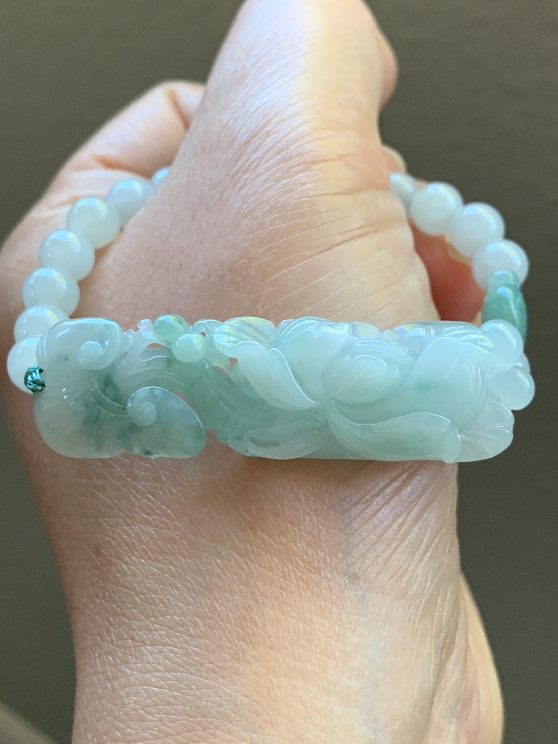 Certified Natural Burmese Icy Translucent Light Green & Teal Green Marbled Jadeite Lotus Flower Ruyi Cuff Beaded Bracelet 天然缅甸冰晴飘花翡翠莲花如意手牌手串