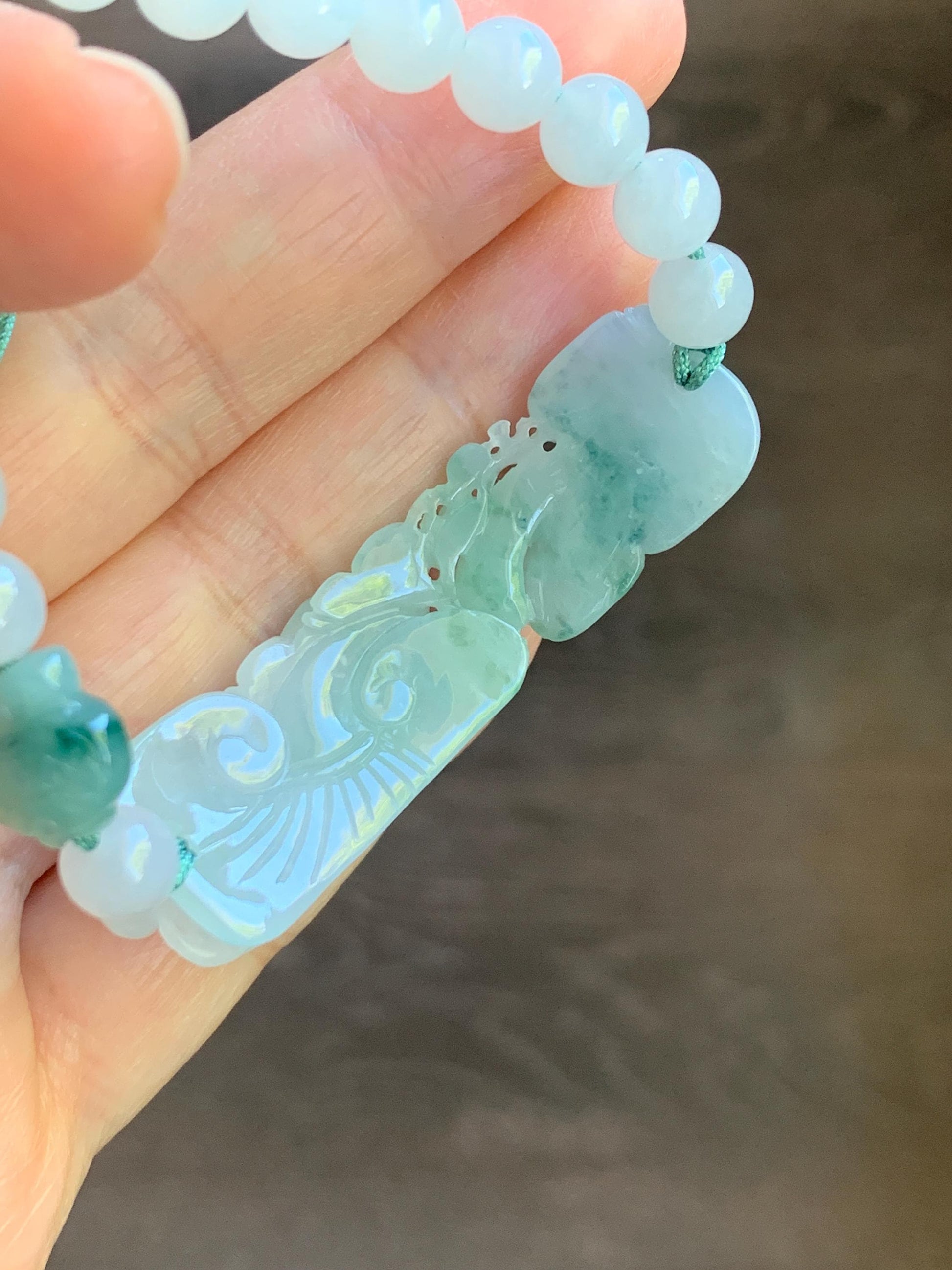 Certified Natural Burmese Icy Translucent Light Green & Teal Green Marbled Jadeite Lotus Flower Ruyi Cuff Beaded Bracelet 天然缅甸冰晴飘花翡翠莲花如意手牌手串