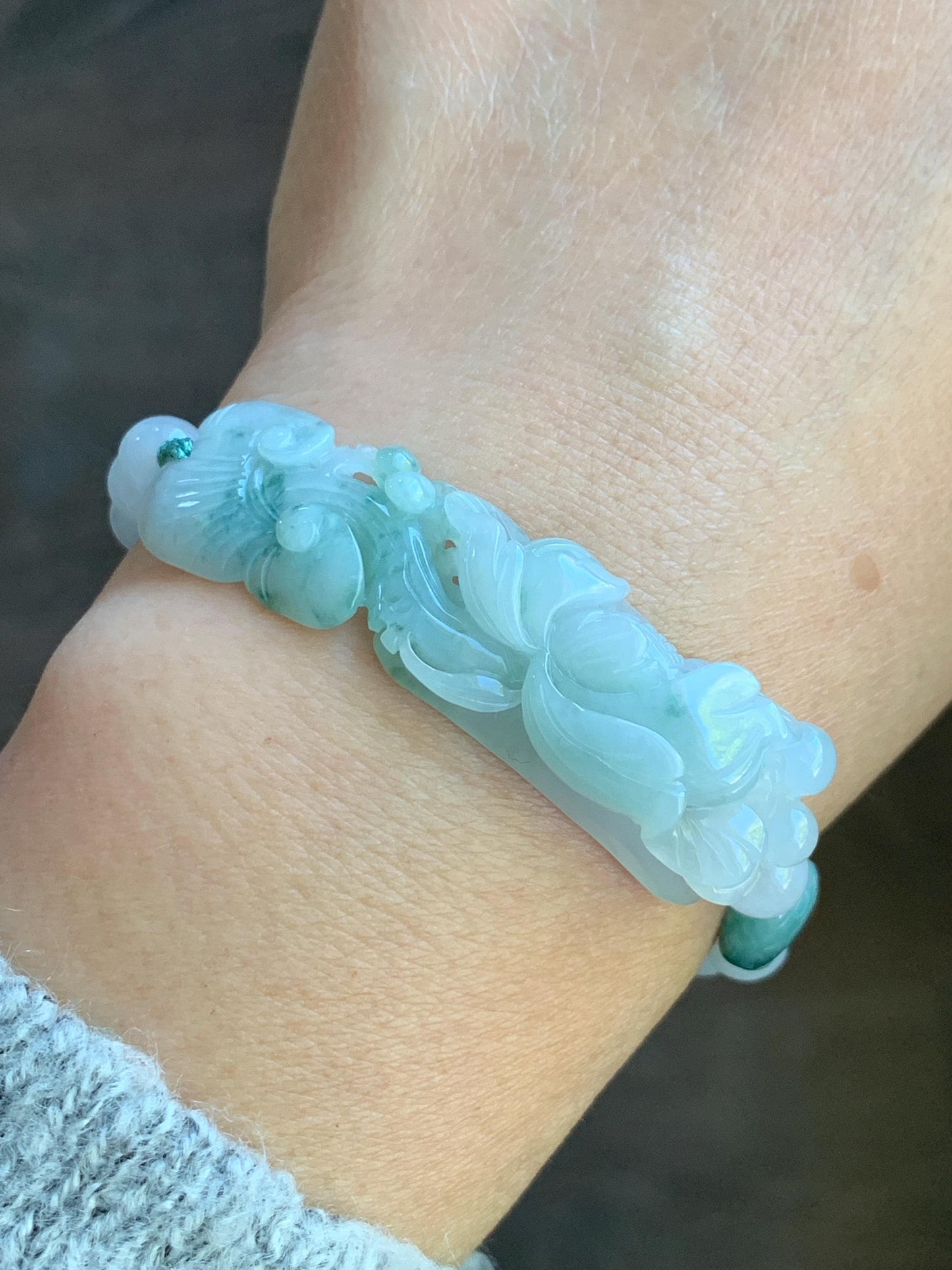 Certified Natural Burmese Icy Translucent Light Green & Teal Green Marbled Jadeite Lotus Flower Ruyi Cuff Beaded Bracelet 天然缅甸冰晴飘花翡翠莲花如意手牌手串